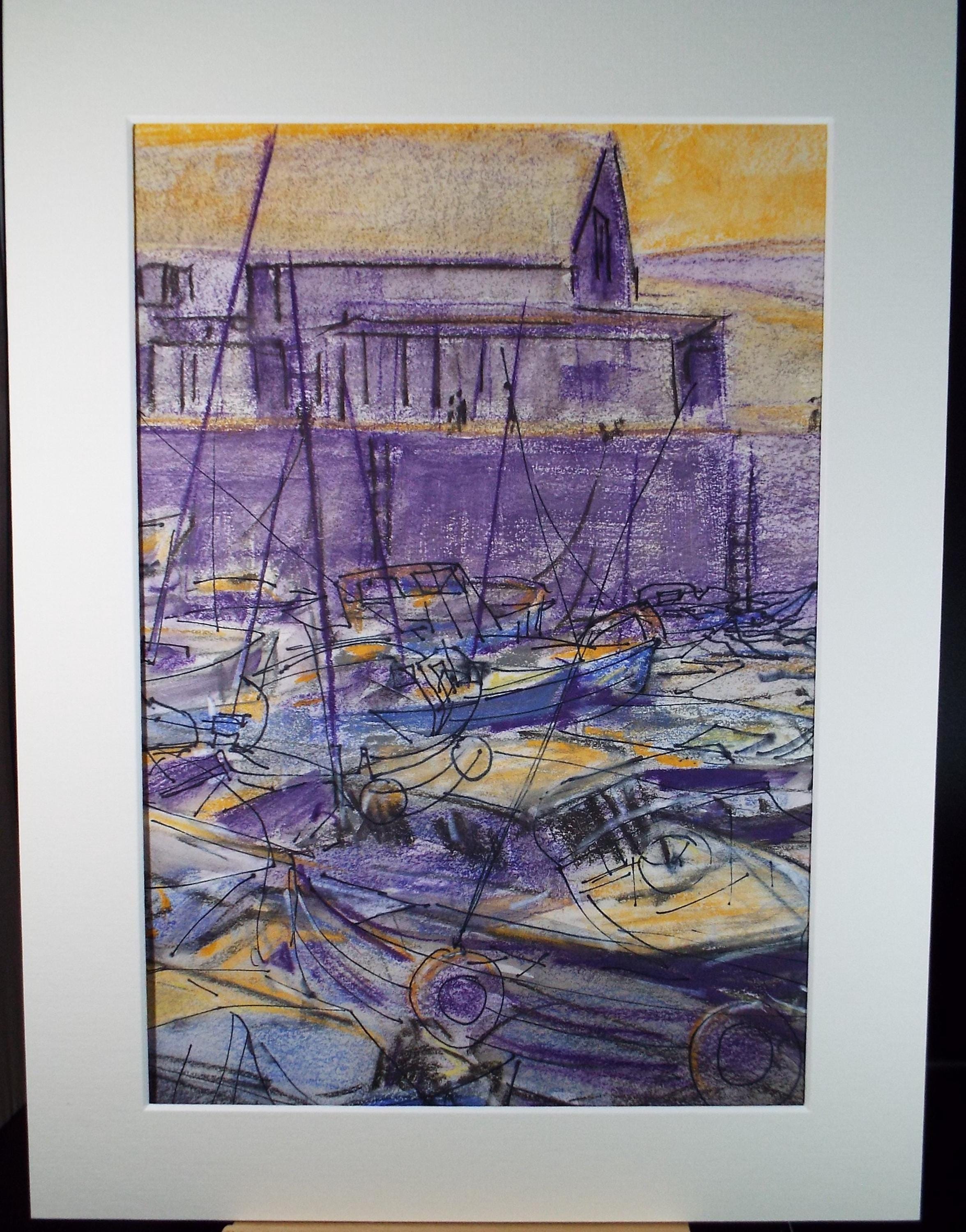 Original Pastel & ink 'Yachts at the Haven', June Bevan, Circa 1990's