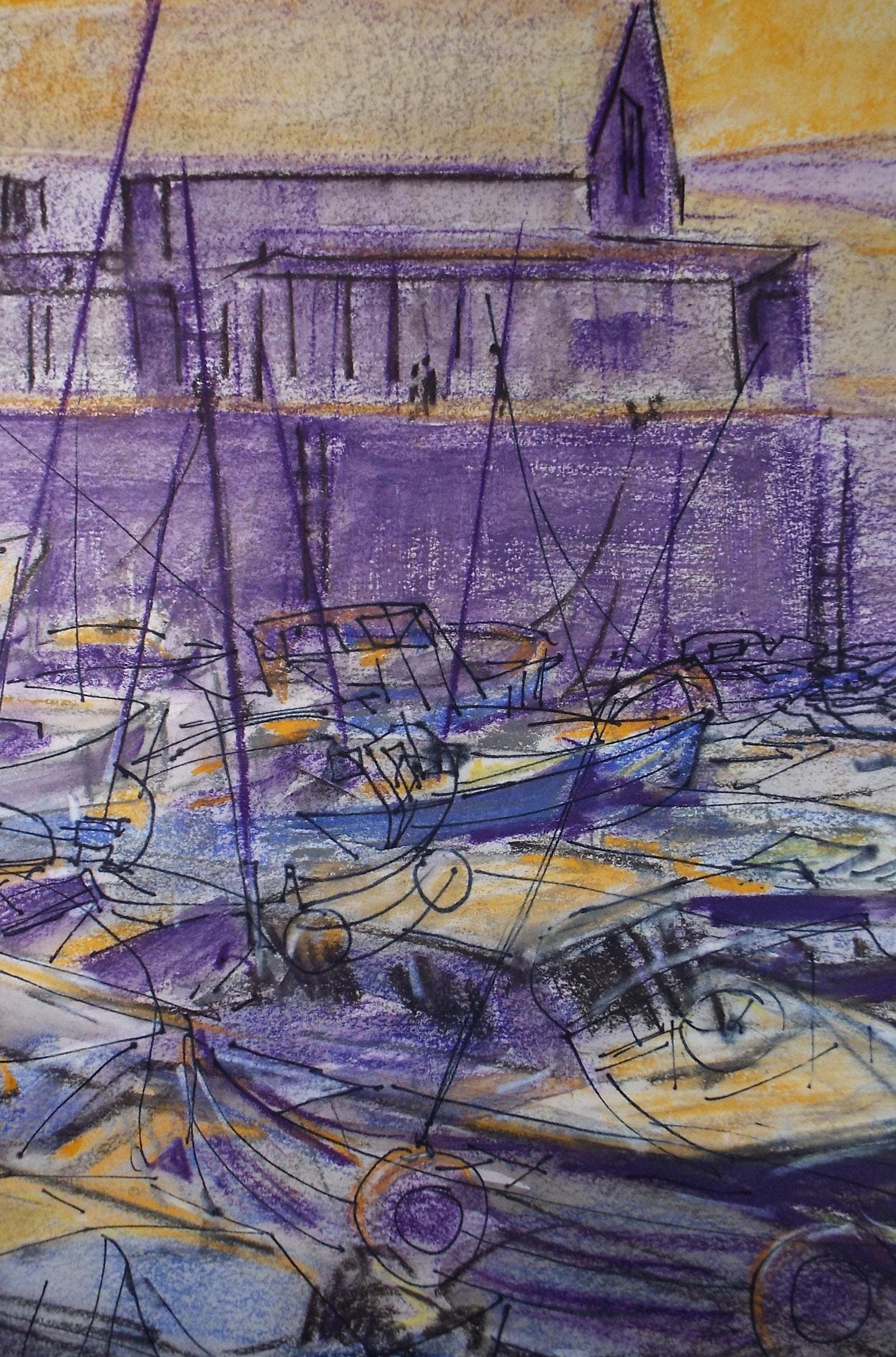 Original Pastel & ink 'Yachts at the Haven', June Bevan, Circa 1990's