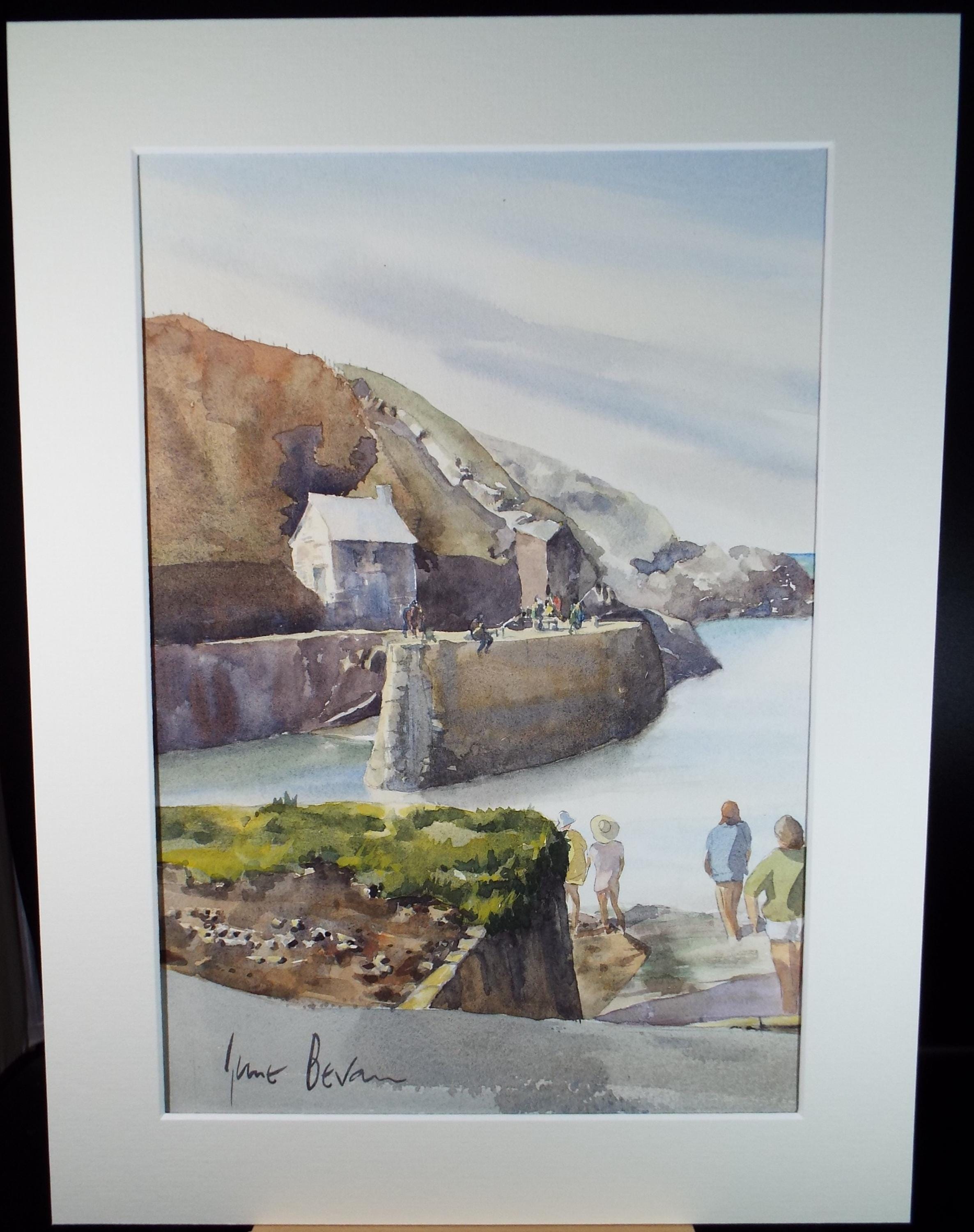 Original Watercolour,'Figures at the Harbour', June Bevan, Circa 1990's