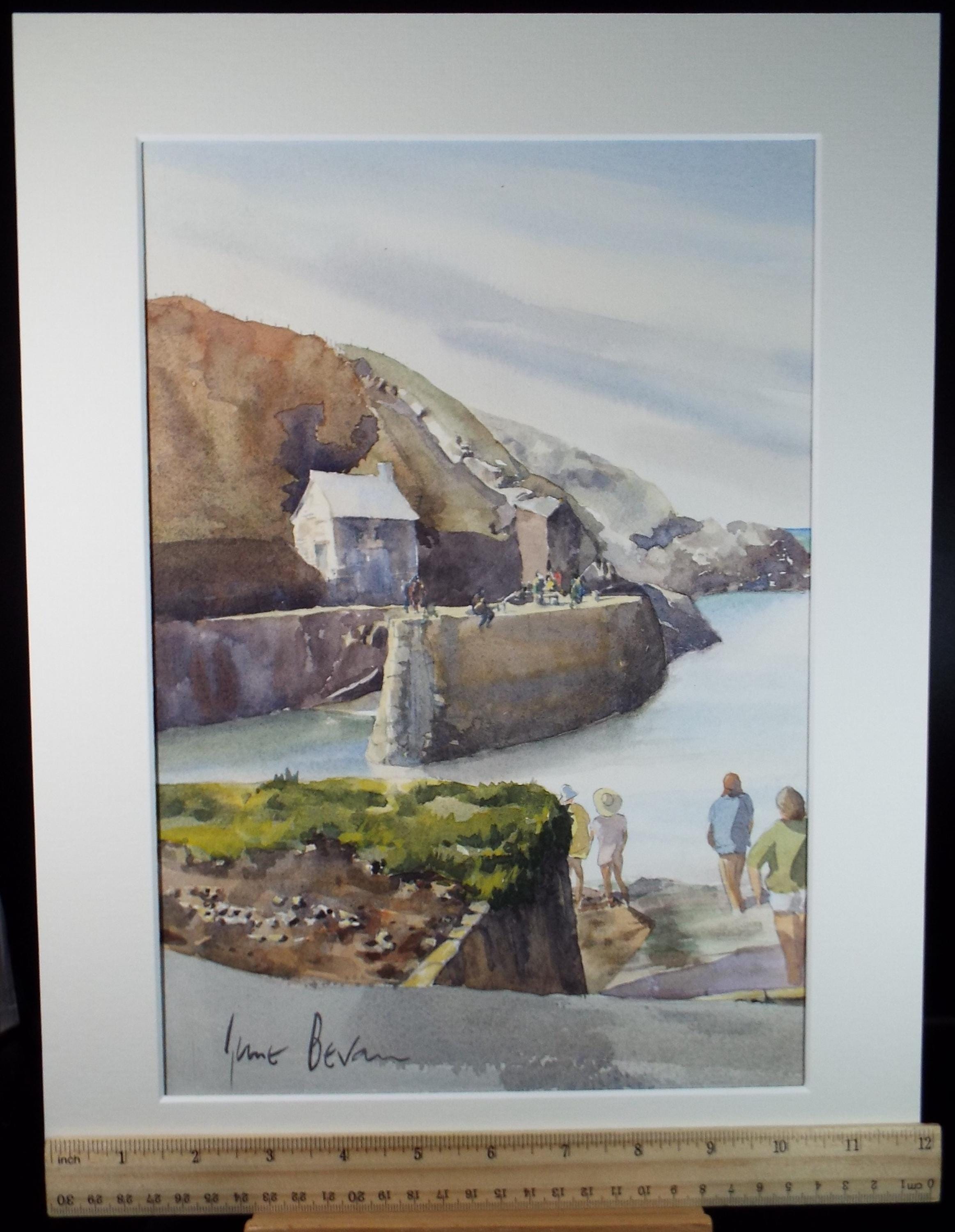 Original Watercolour,'Figures at the Harbour', June Bevan, Circa 1990's