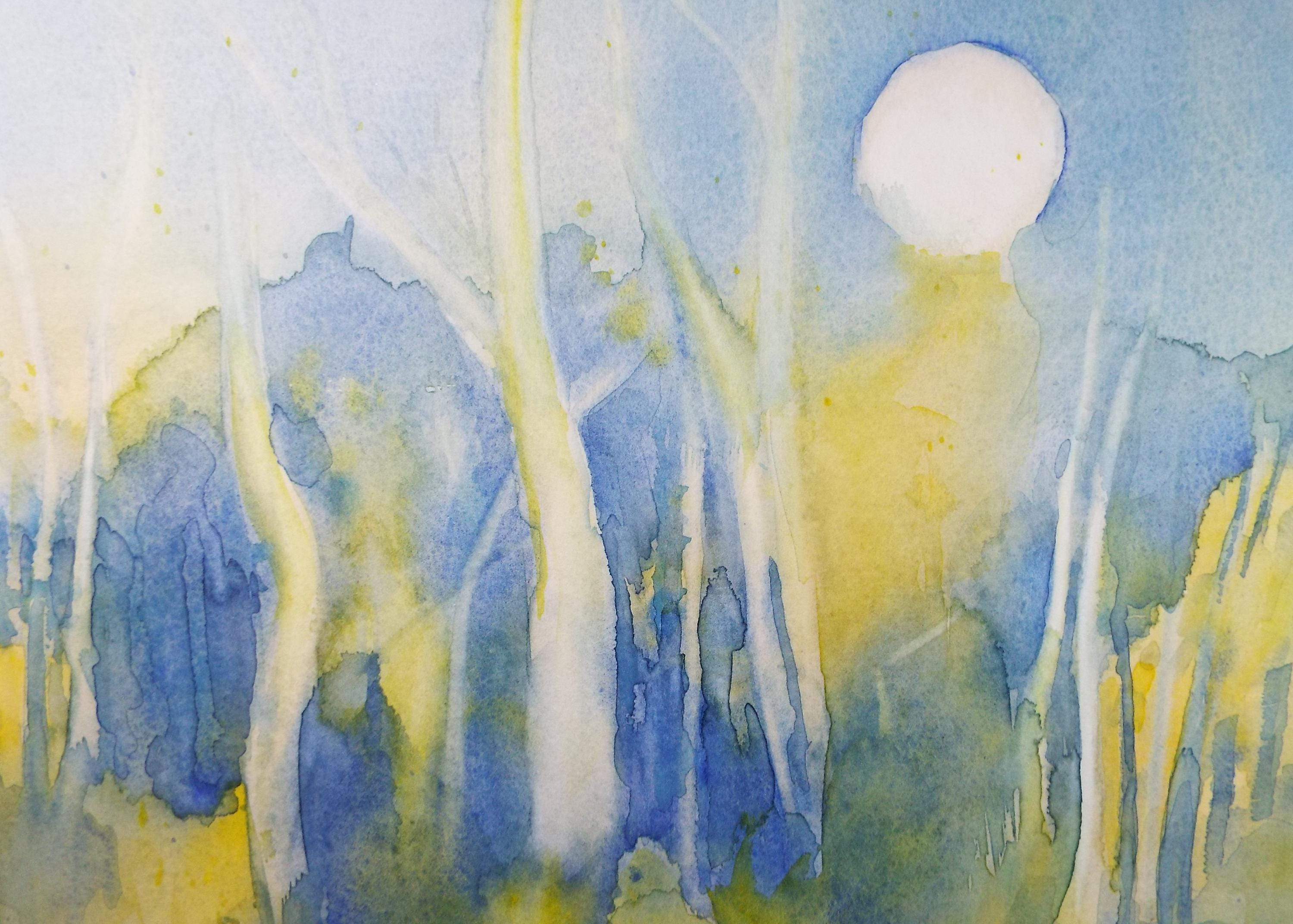 Original Watercolour, 'Moon through woodland', June Bevan, Circa 1990's