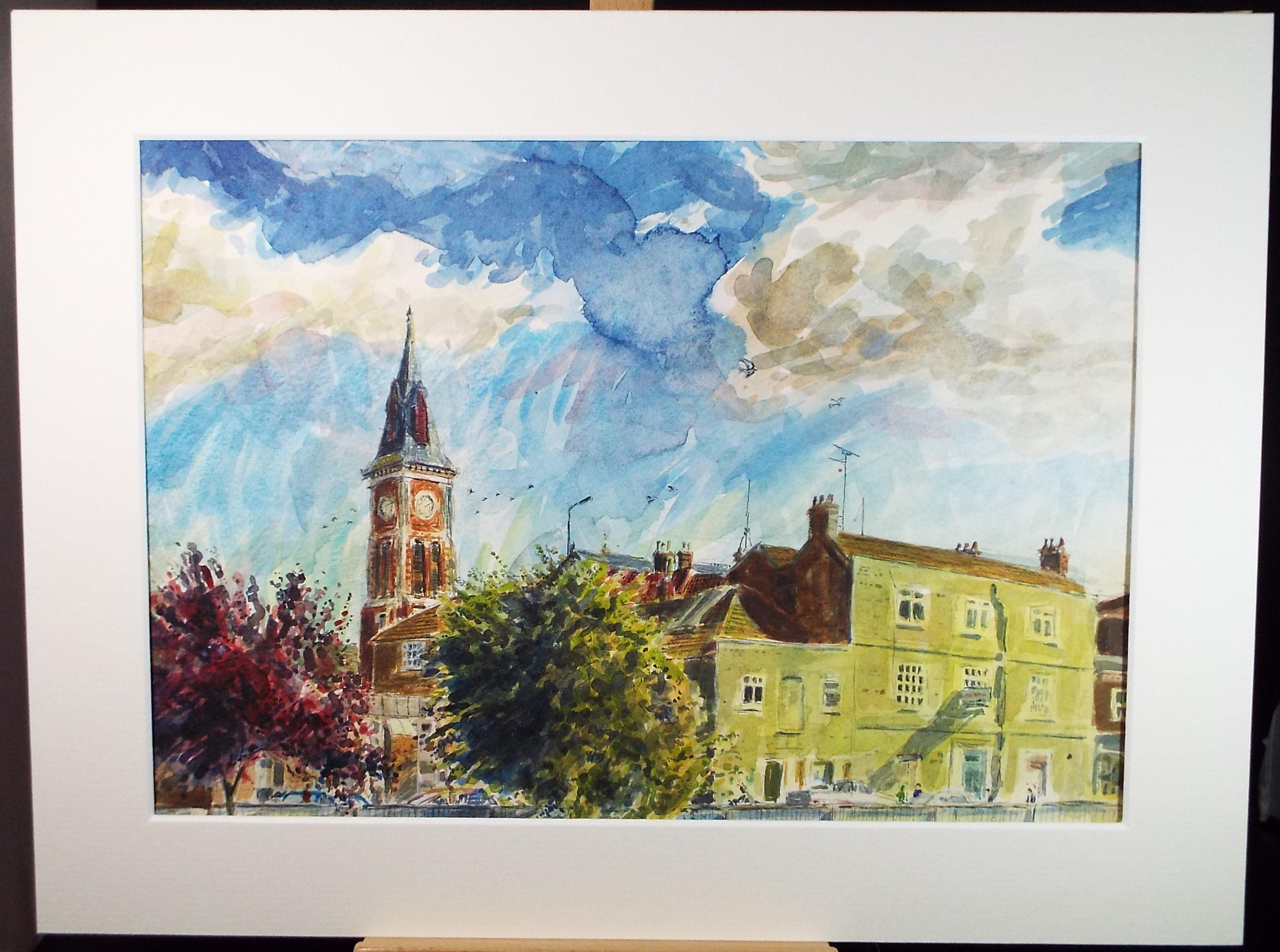 Original Watercolour,'Street scene with Church', Roger Alsop, circa 1980's