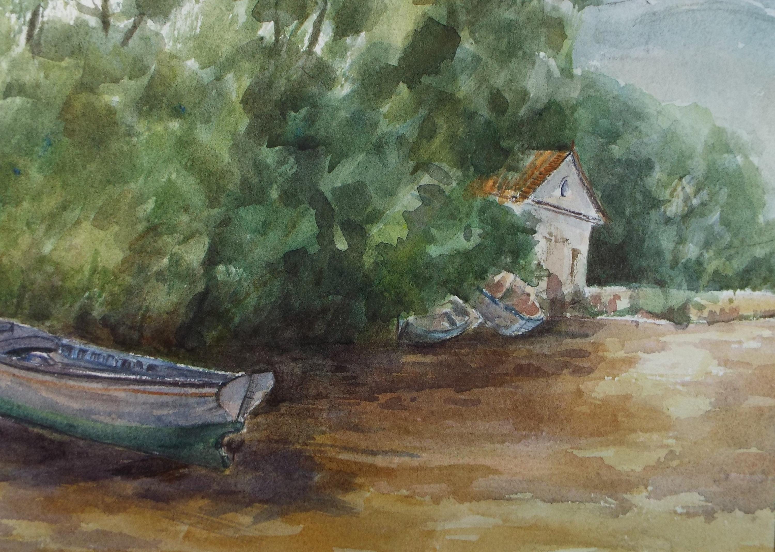 Original Watercolour,'Boats aground', circa 1980's , Ron Brooker