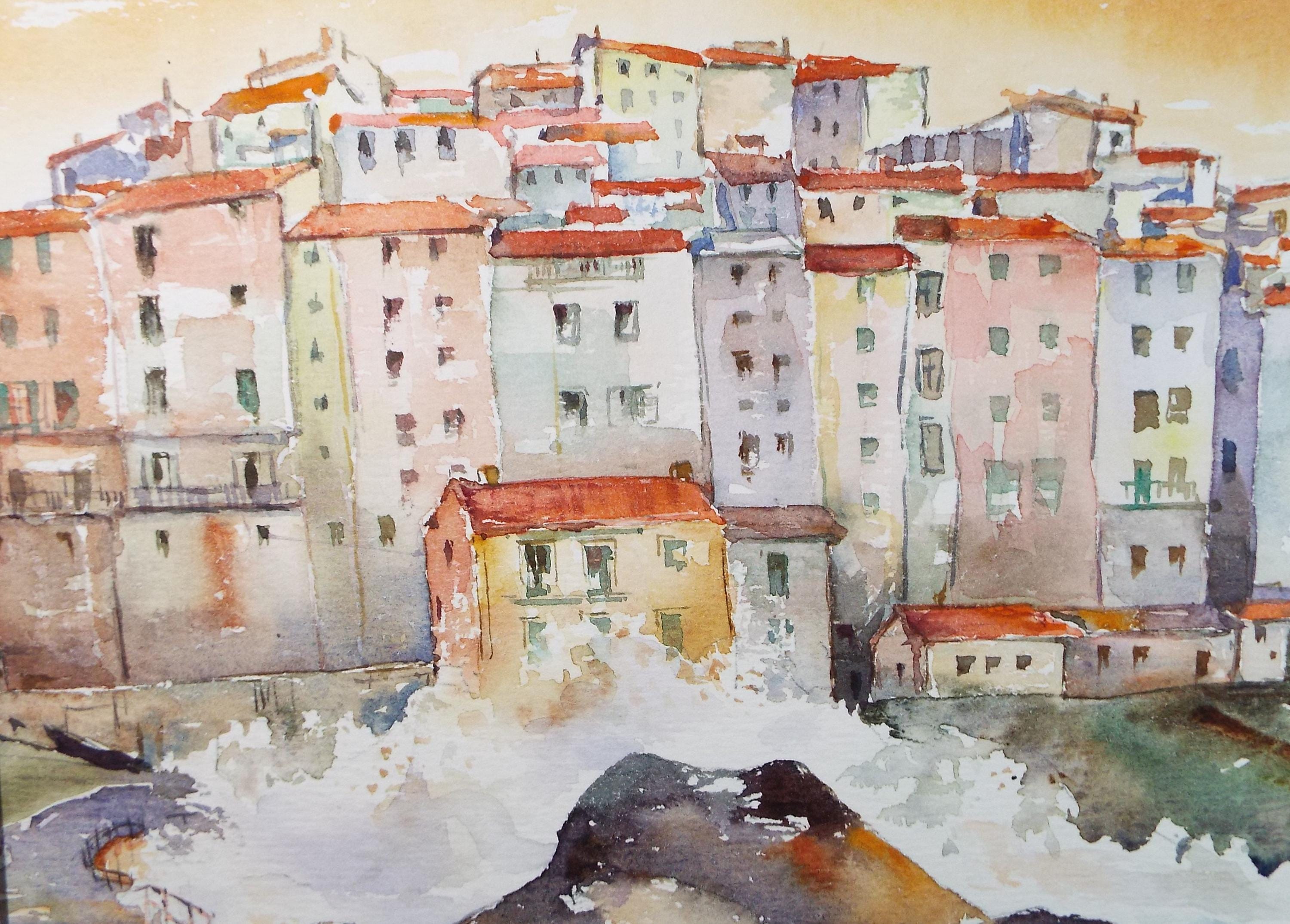 Original Watercolour , 'Coastal Town', June Bevan, c1990's