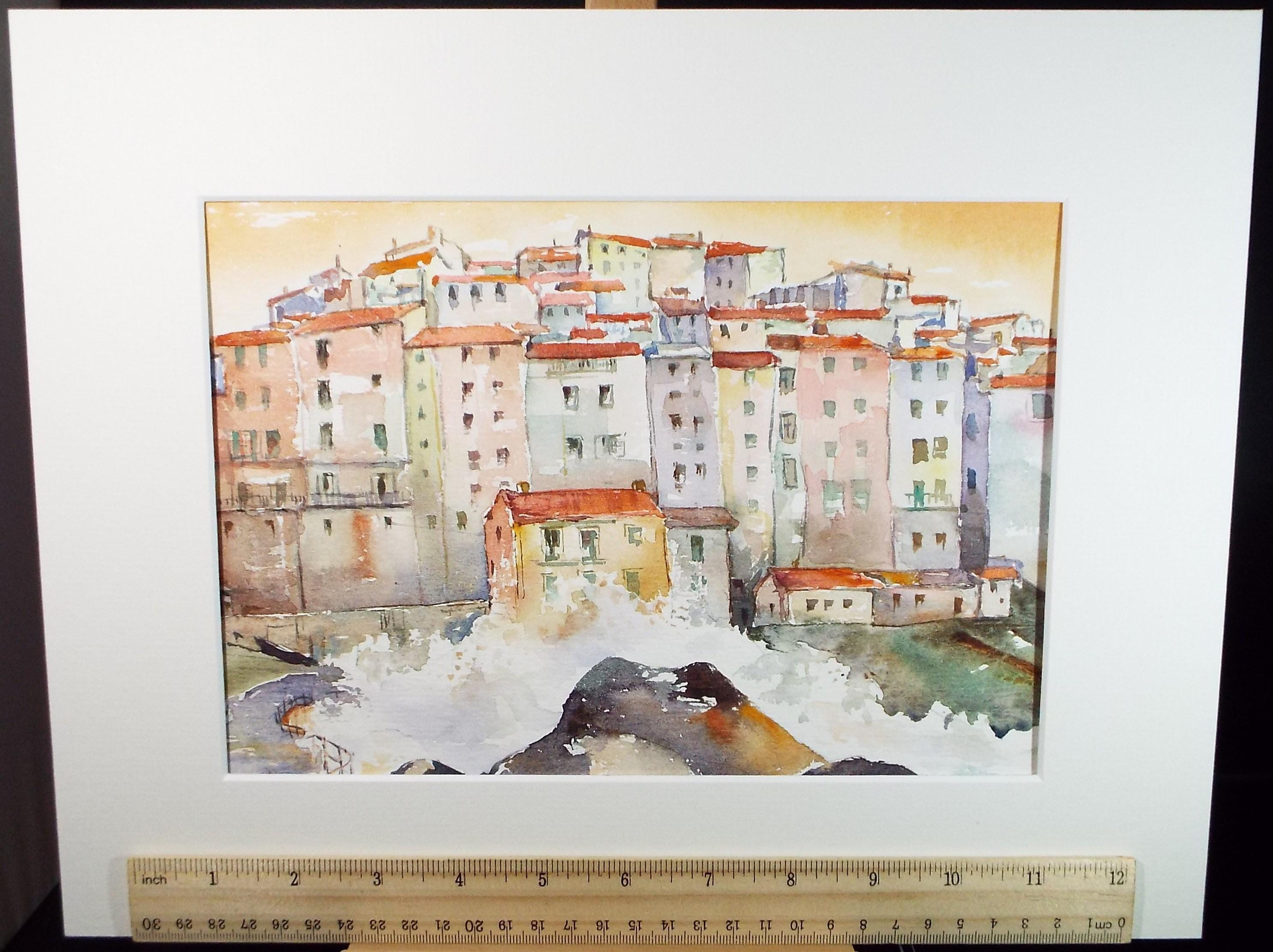 Original Watercolour , 'Coastal Town', June Bevan, c1990's