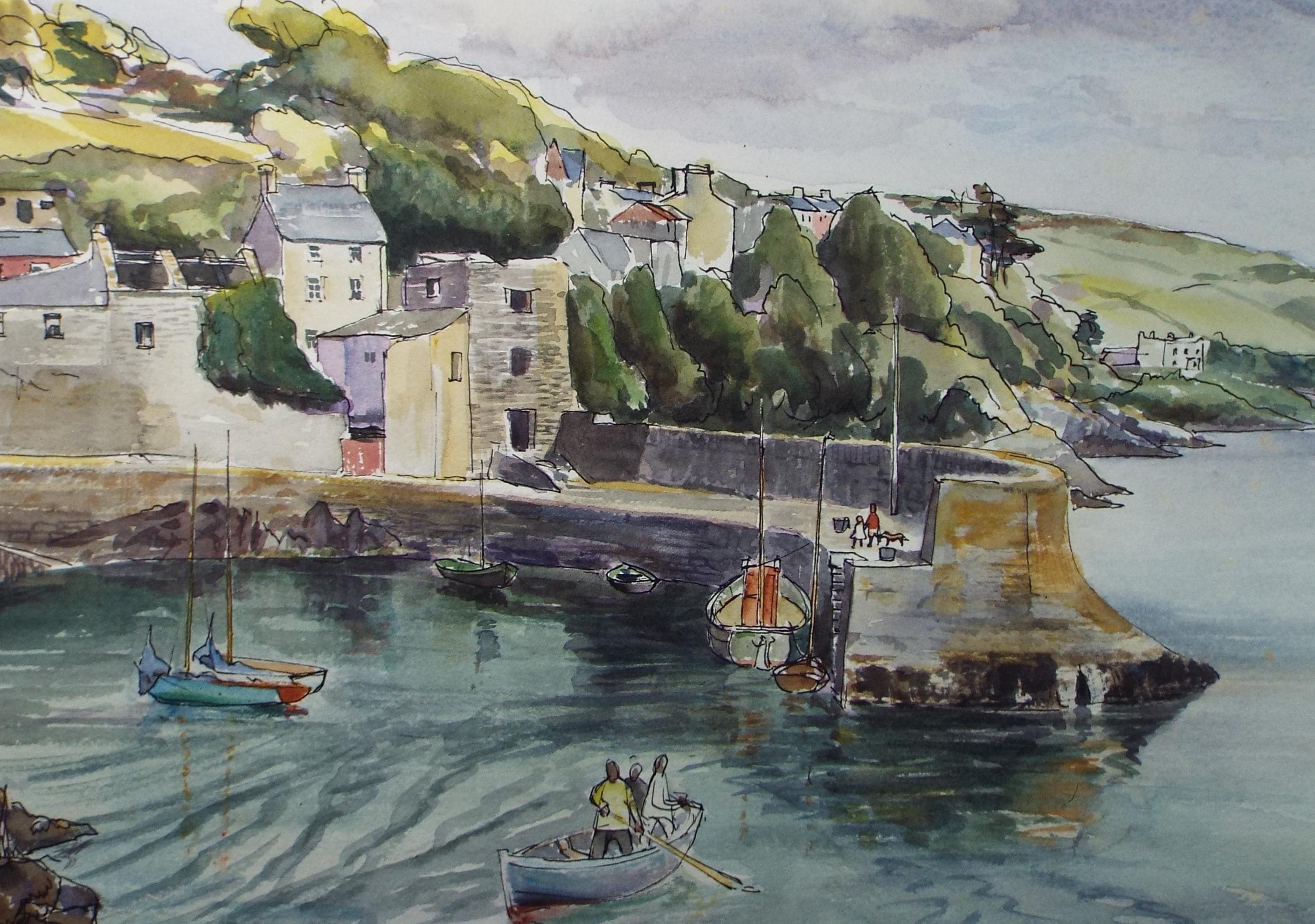 Original Watercolour,'Harbour with Fishing Boats', circa 1990's Artist unknown