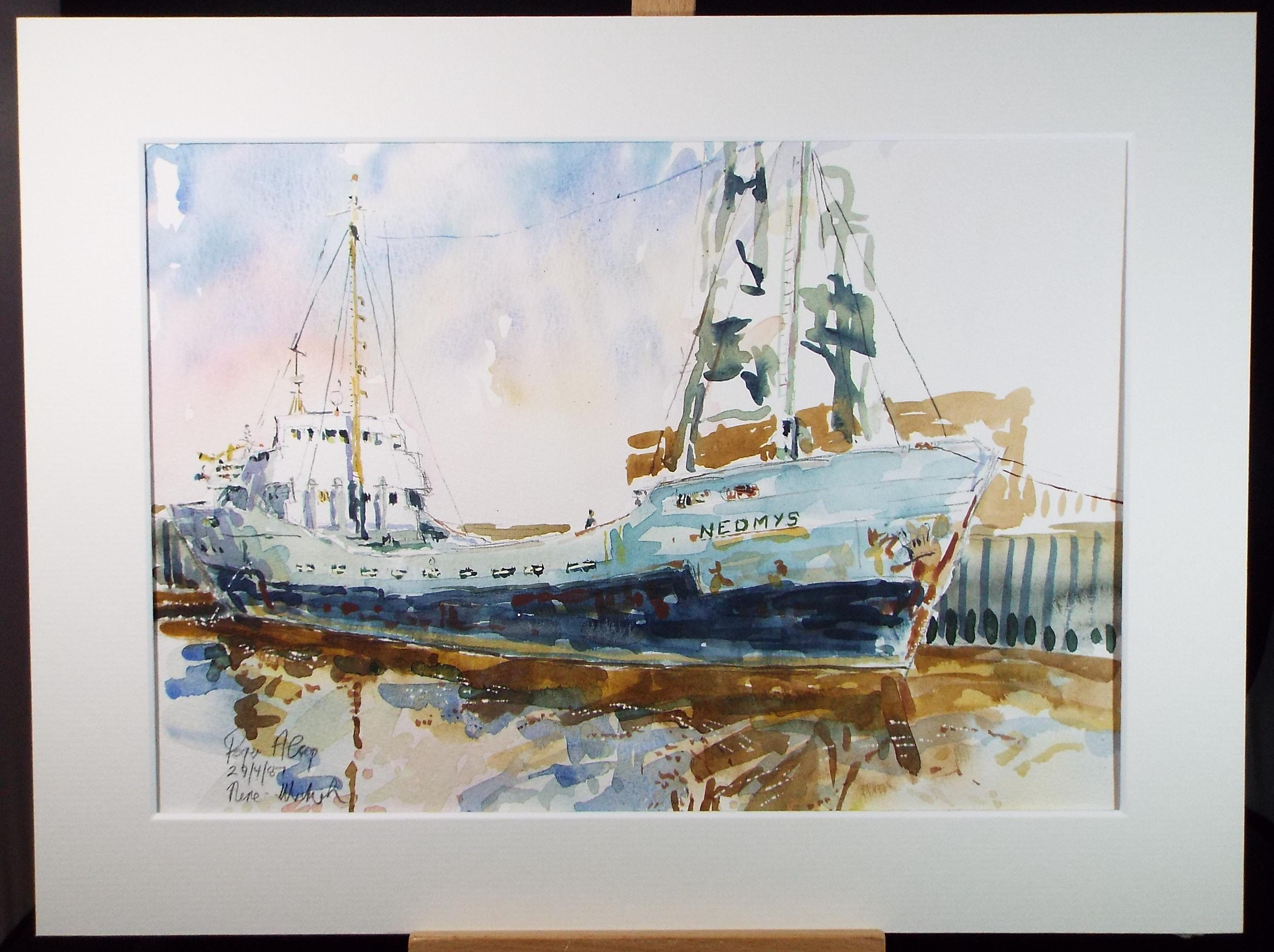 Original Watercolour,'Freighter Nedmys', Roger Alsop, dated 1987