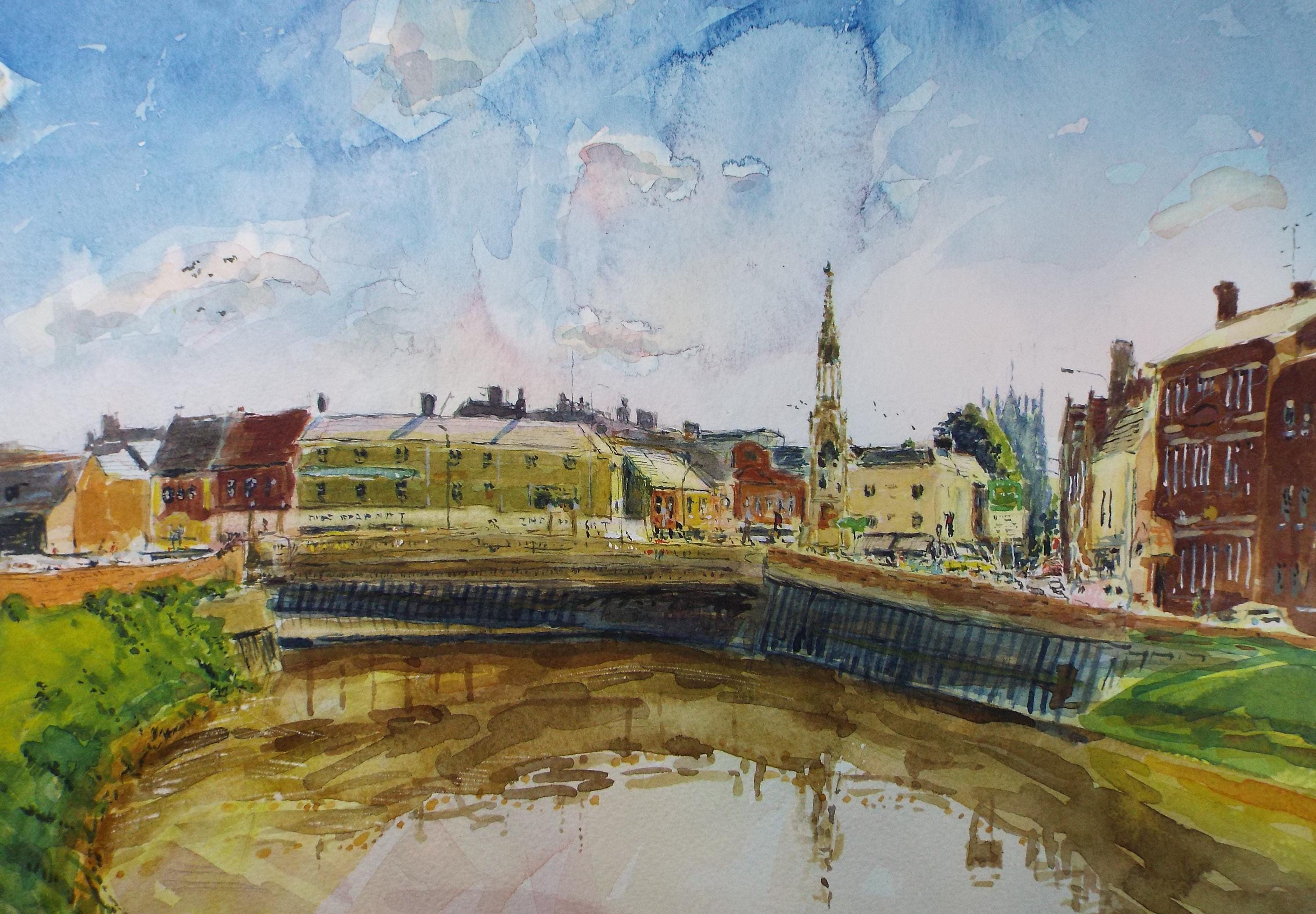 Original Watercolour, 'River through the town', Roger Alsop, Dated 1987