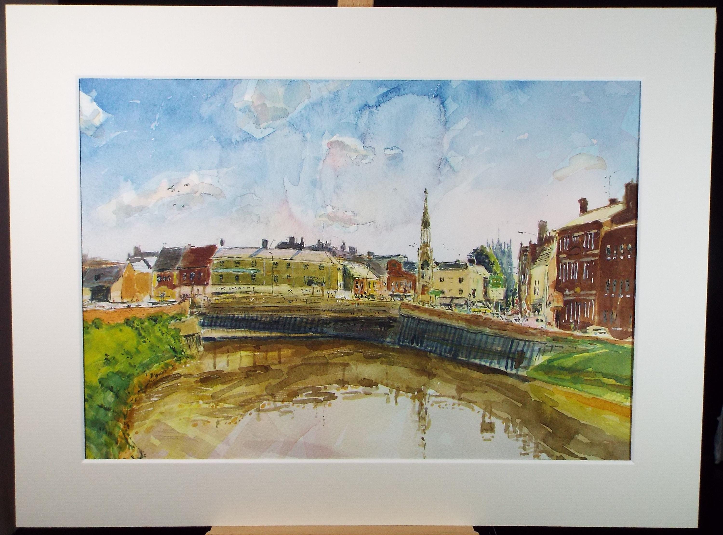 Original Watercolour, 'River through the town', Roger Alsop, Dated 1987