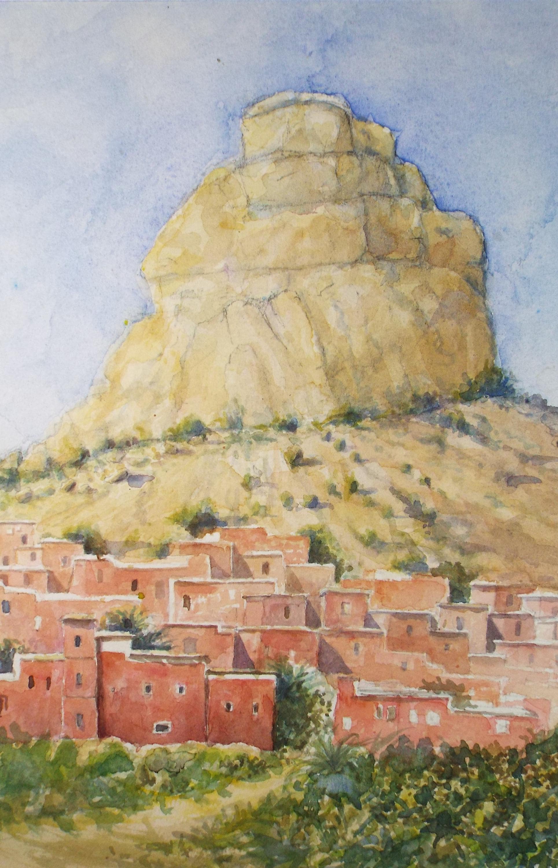 Original Watercolour,' Village below the rock tower', circa 1980's