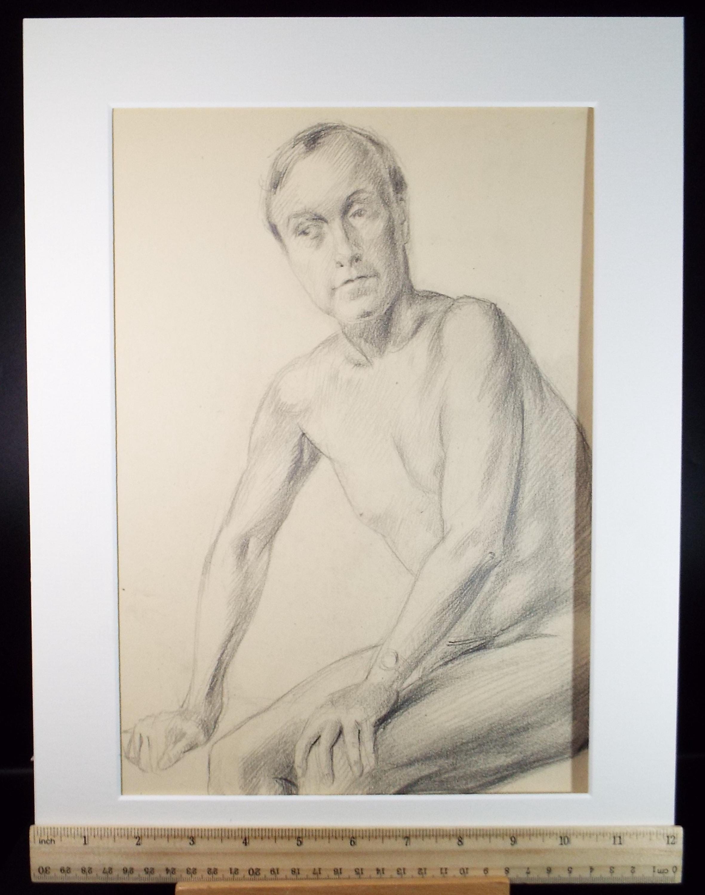 Pencil drawing 'Seated Male Nude', c1940s, Katherine Rose Edmead 1894-1976