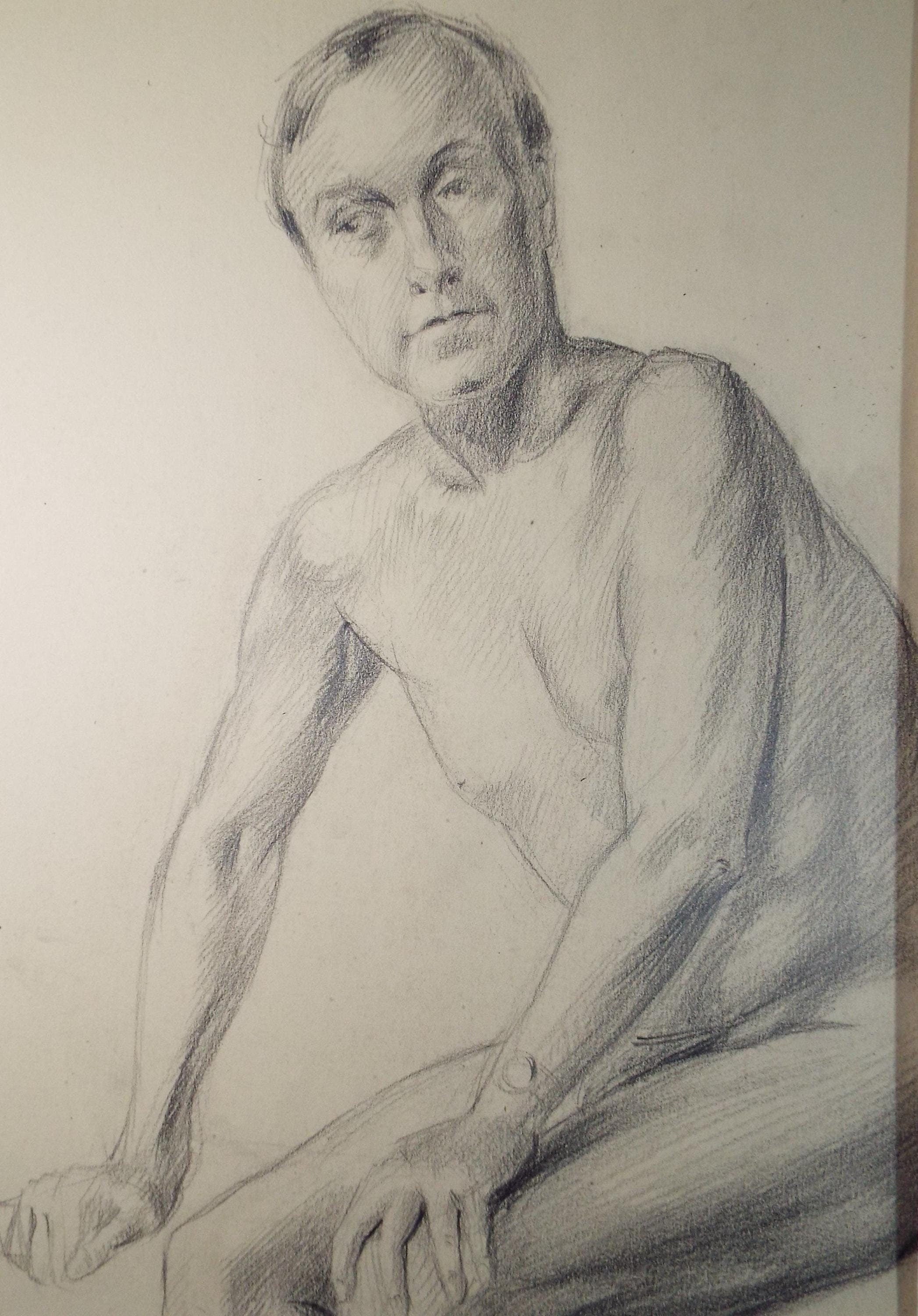 Pencil drawing 'Seated Male Nude', c1940s, Katherine Rose Edmead 1894-1976
