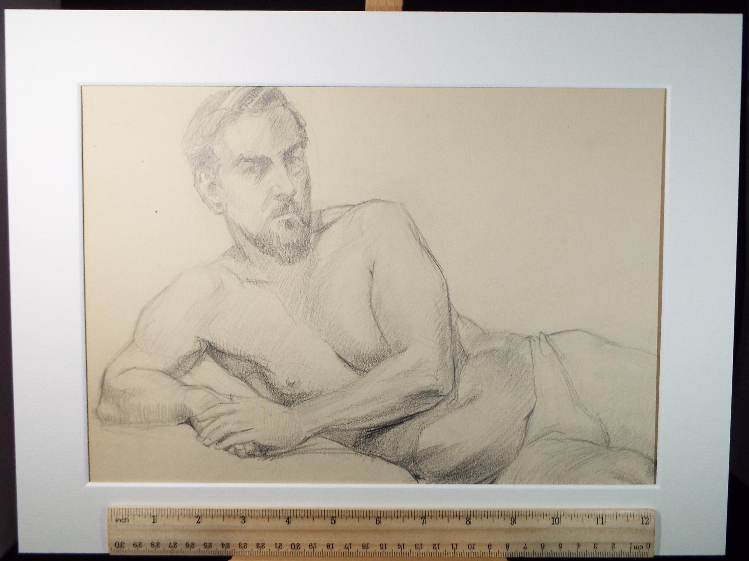 Pencil drawing 'Reclining Male Nude', c1940s, Katherine Rose Edmead 1894-1976