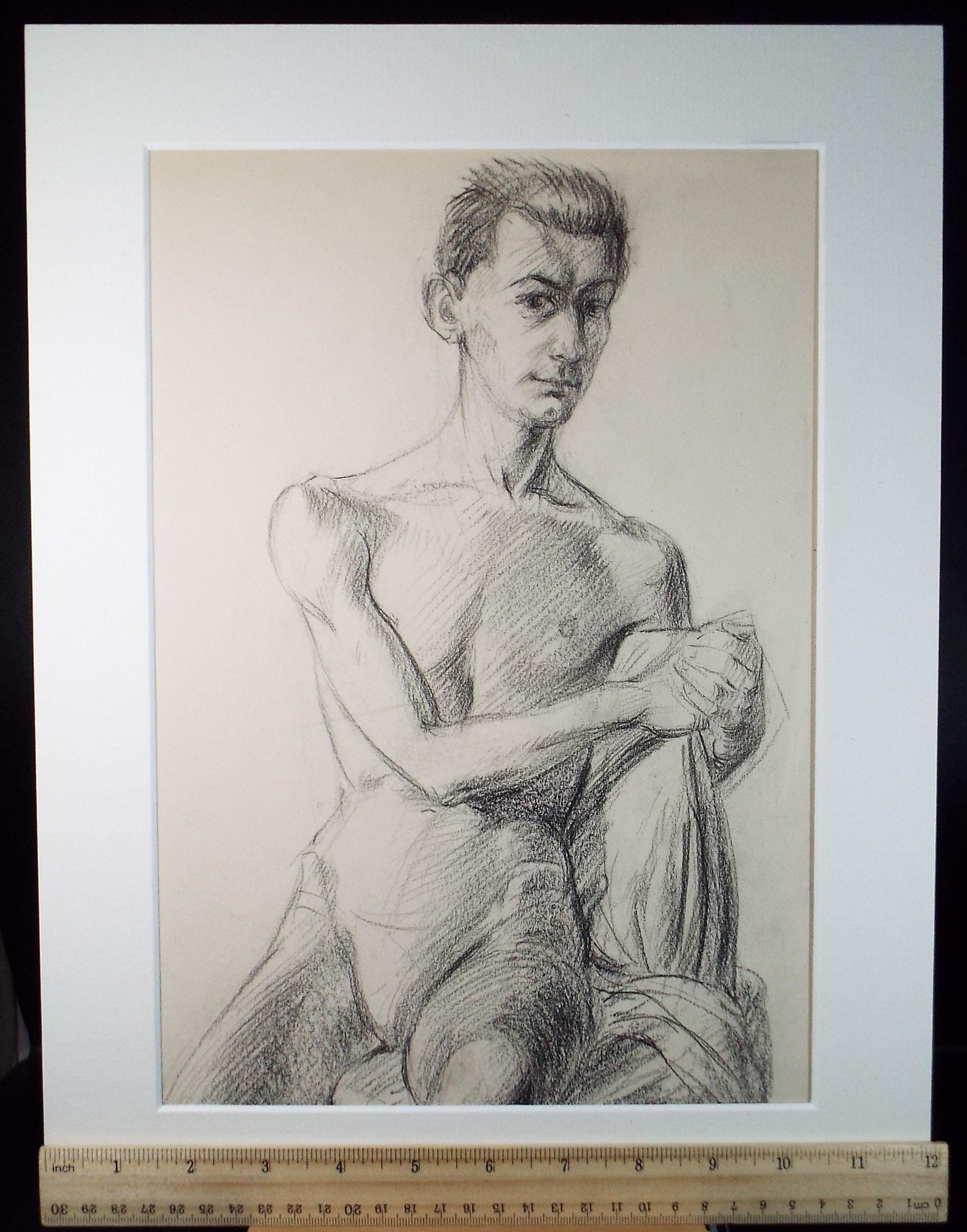 Pencil drawing 'Seated Male Nude', c1940s, Katherine Rose Edmead 1894-1976