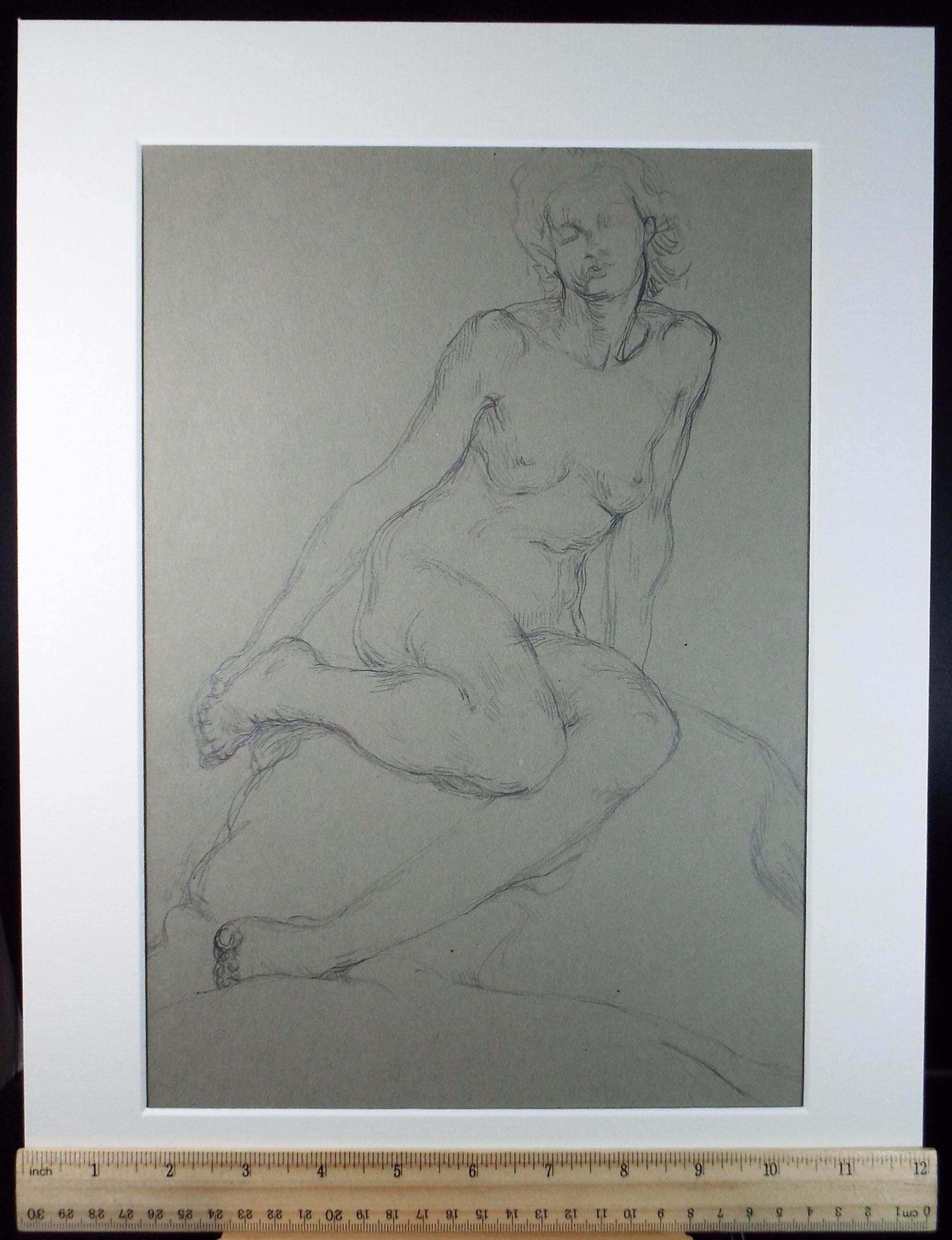 Original Pencil Sketch,'Seated Nude', Circa 1940's, Hilda Burford (1887-1957)