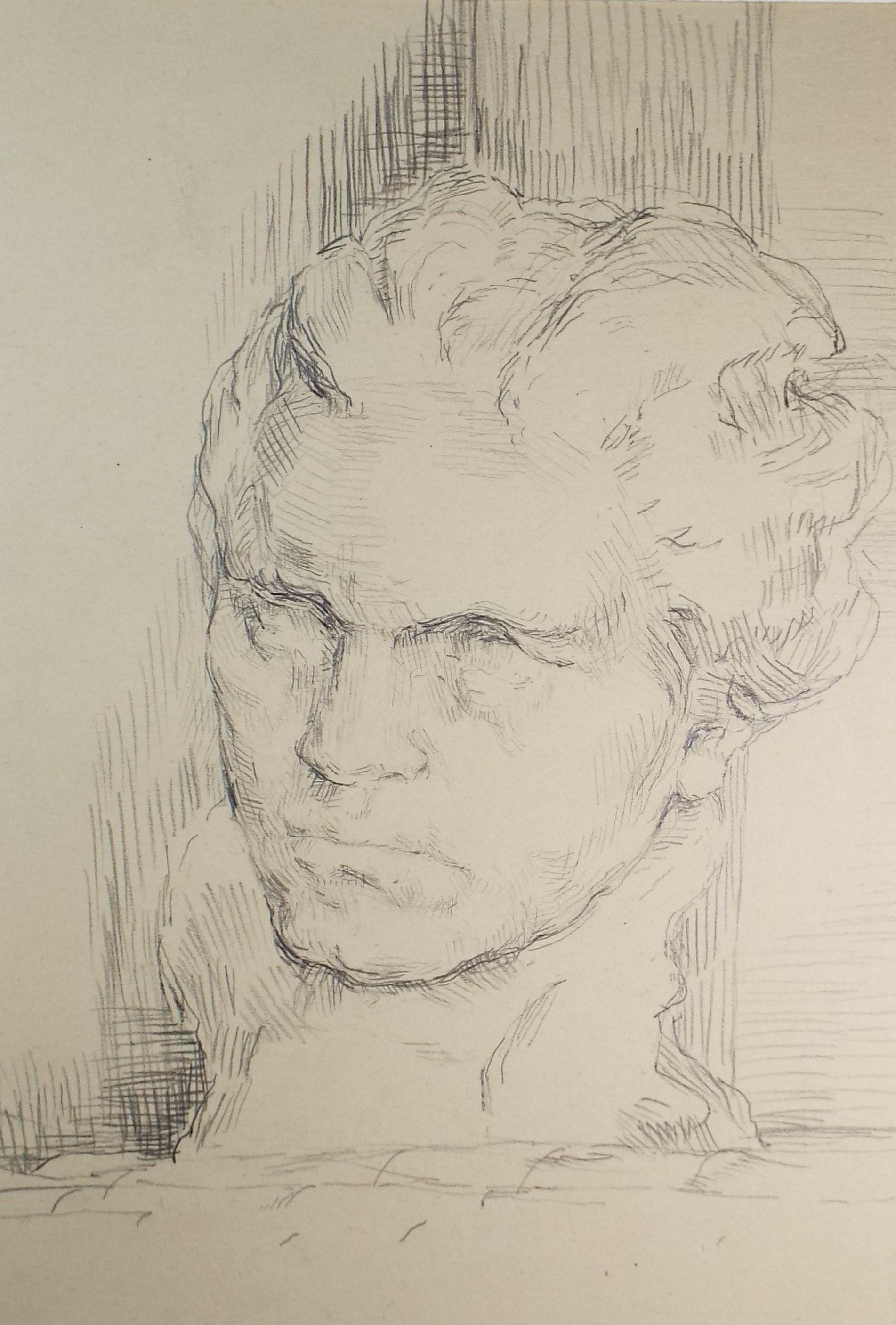 Original Pencil Sketch,'Classical Head', Circa 1940's, Hilda Burford (1887-1957