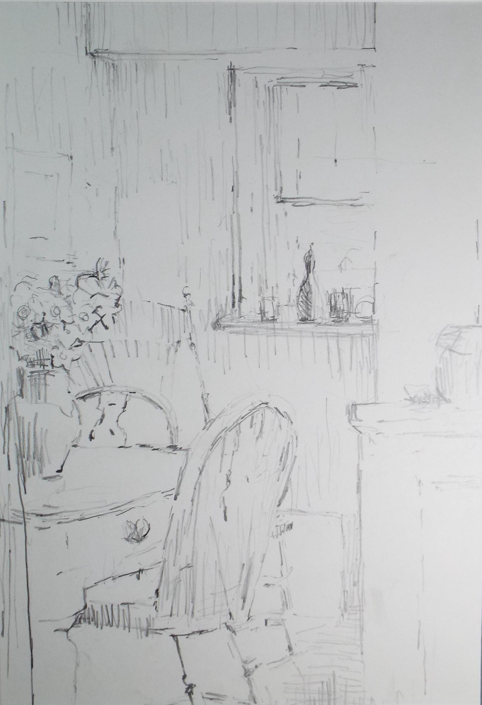 Original Pencil drawing, 'Interior Study', 1990's, Mariota Bosanquet 1923 -2022