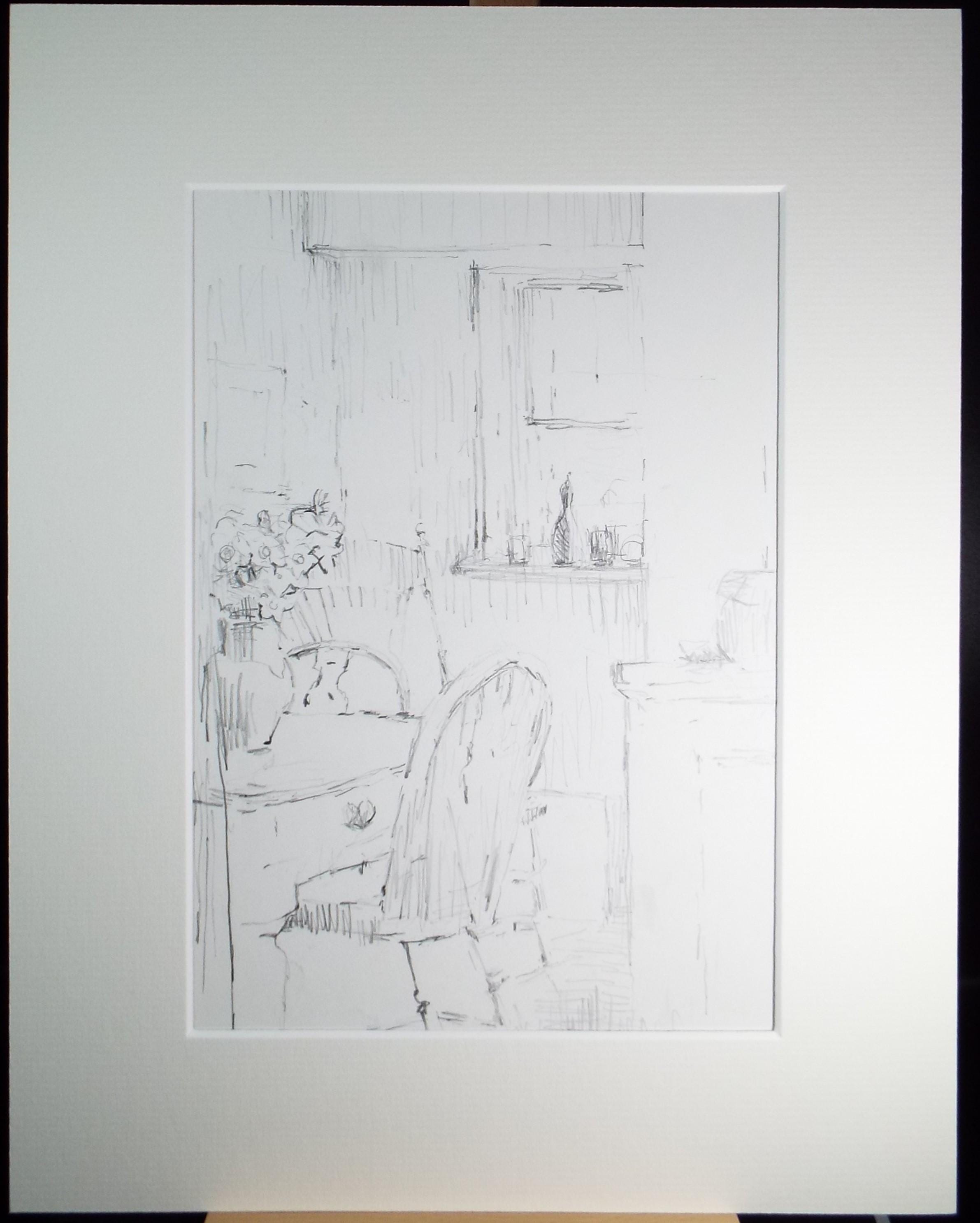 Original Pencil drawing, 'Interior Study', 1990's, Mariota Bosanquet 1923 -2022