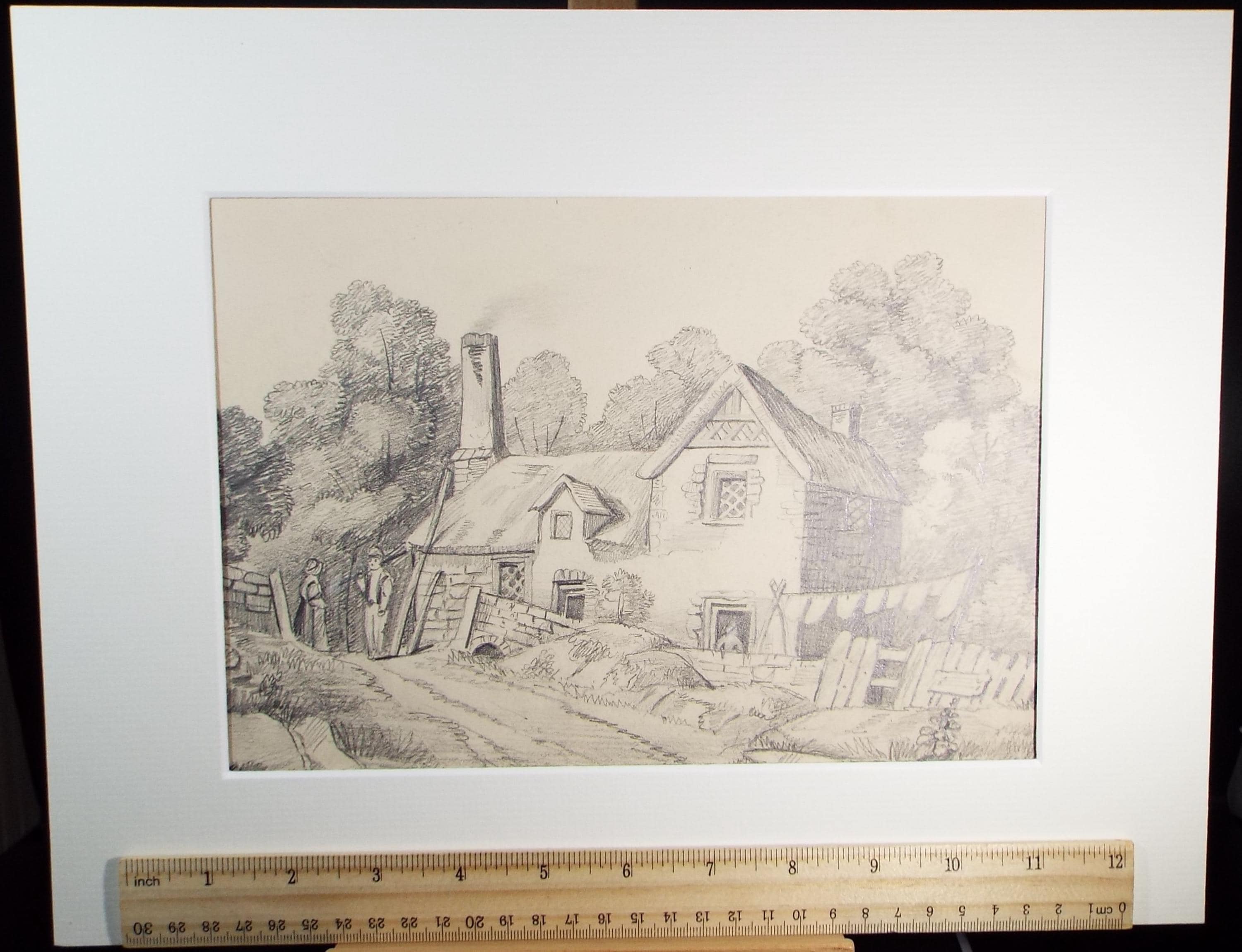 Original Pencil Drawing, 'Country Cottages', mid 19th century, artist unknown