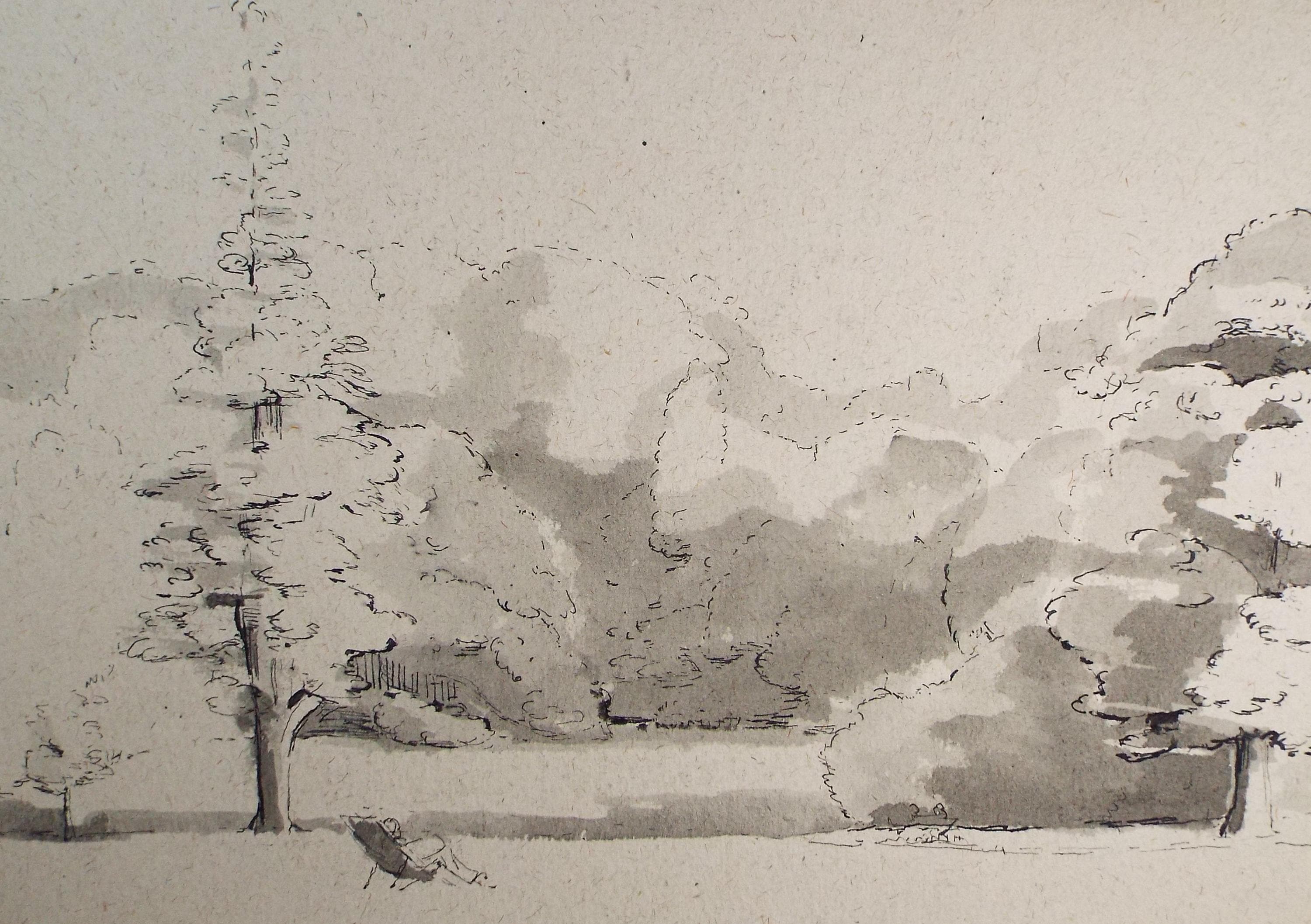 Original watercolour, 'Sitting in the Park', 1990, Mariota Bosanquet 1923 -2022