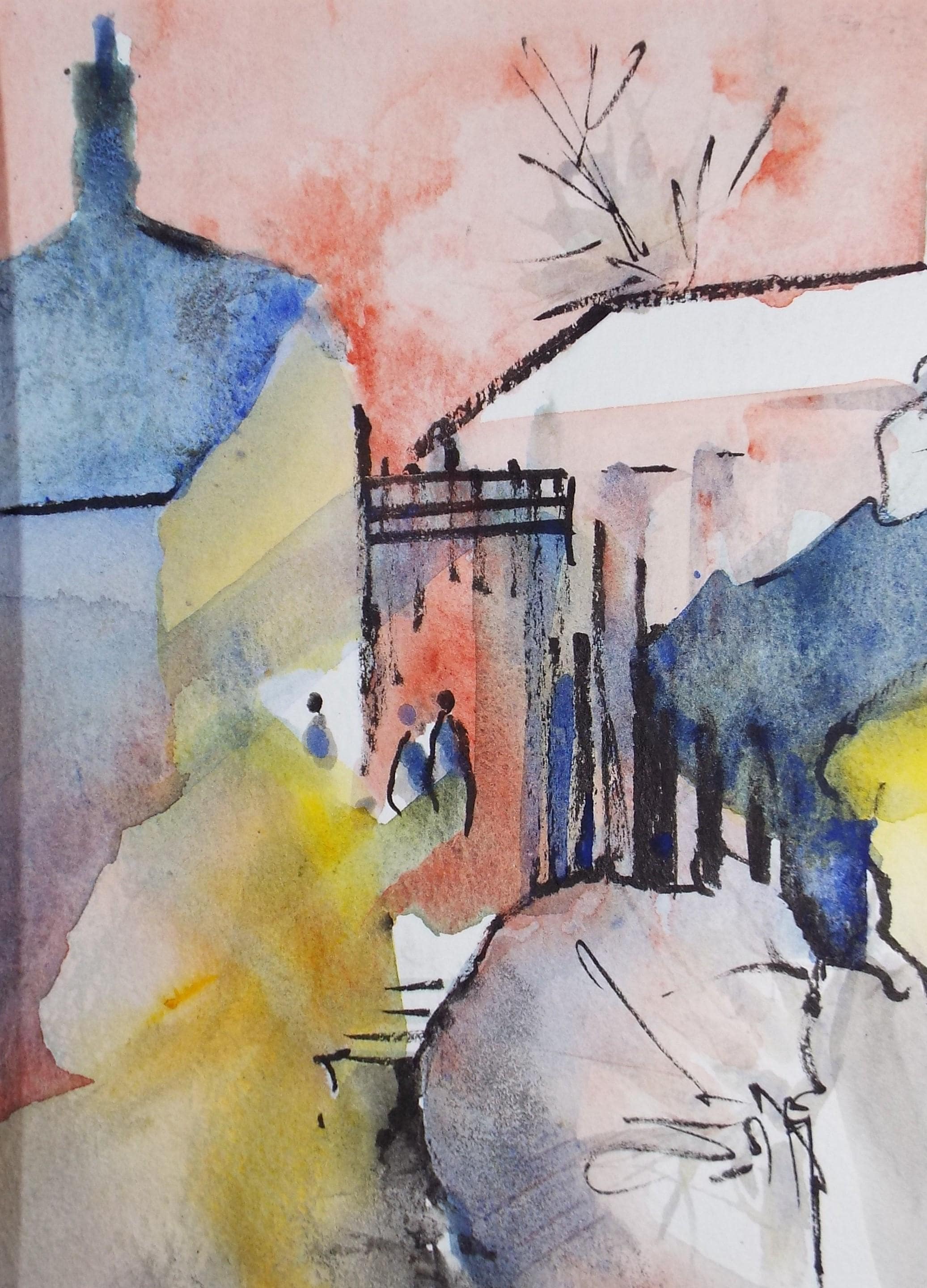 Original Watercolour, 'Street with Figures', June Bevan, c1990's