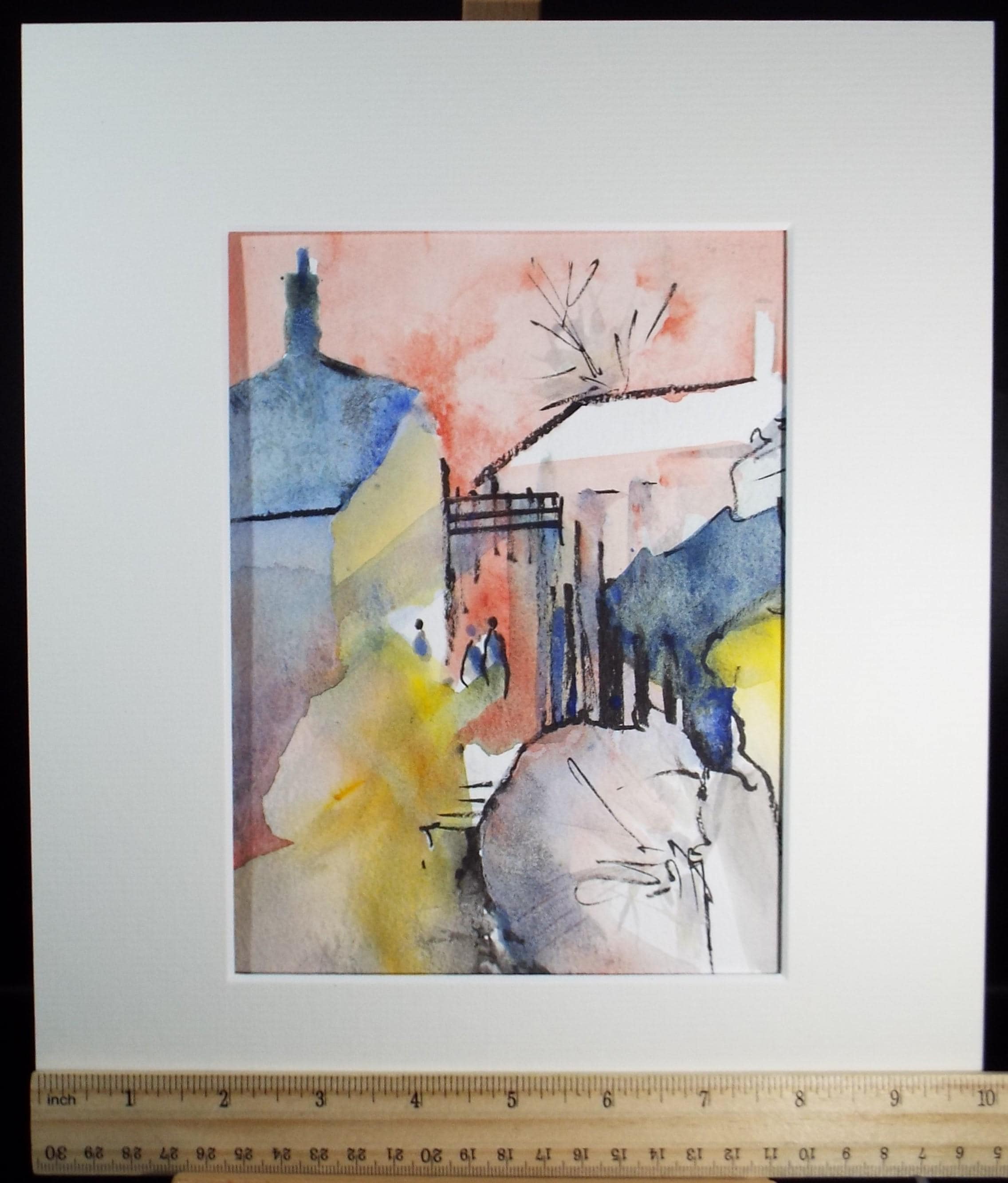 Original Watercolour, 'Street with Figures', June Bevan, c1990's