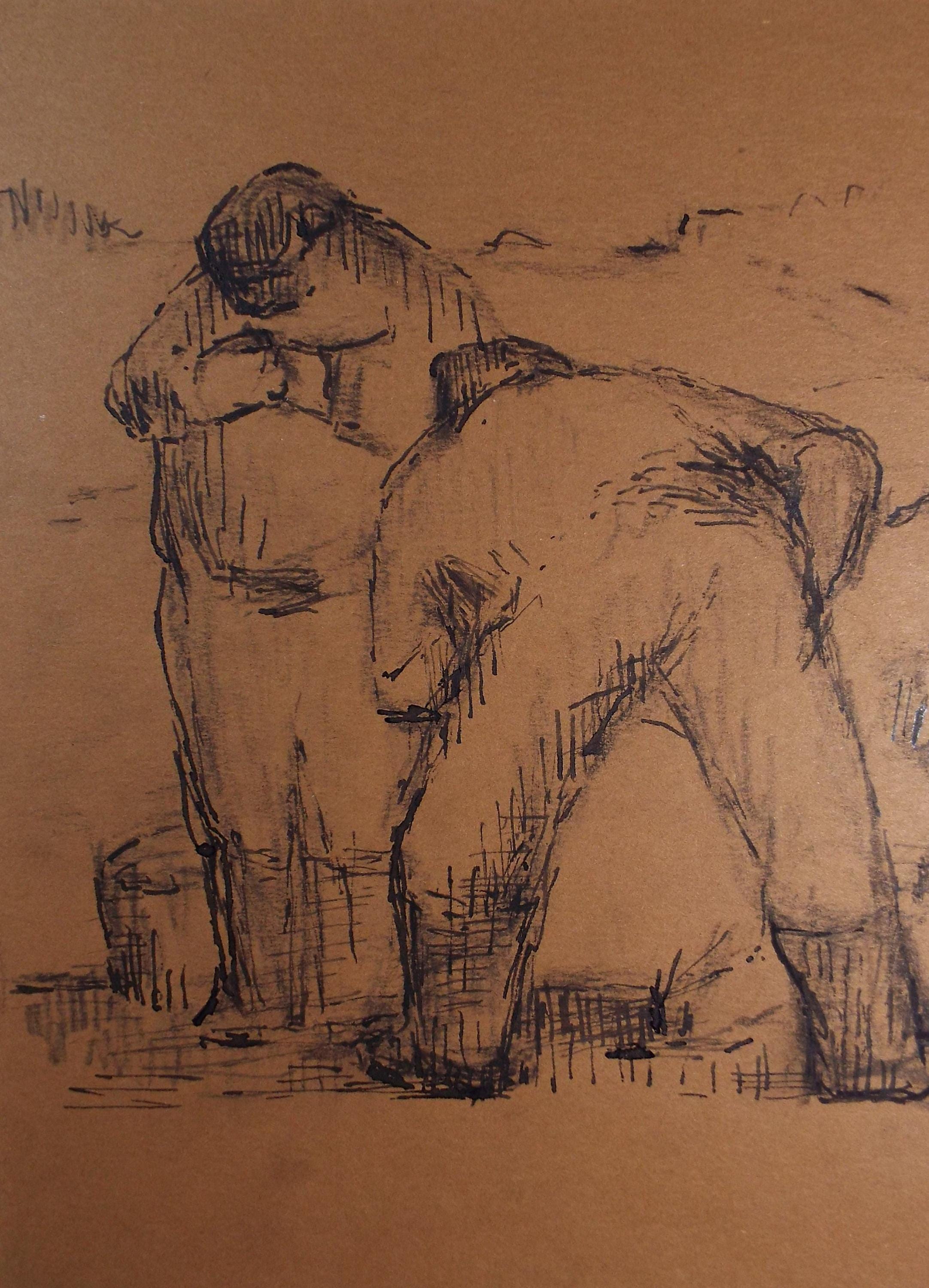 Original Pen & Ink, 'Two Farm workers', 1990's, Mariota Bosanquet 1923 -2022