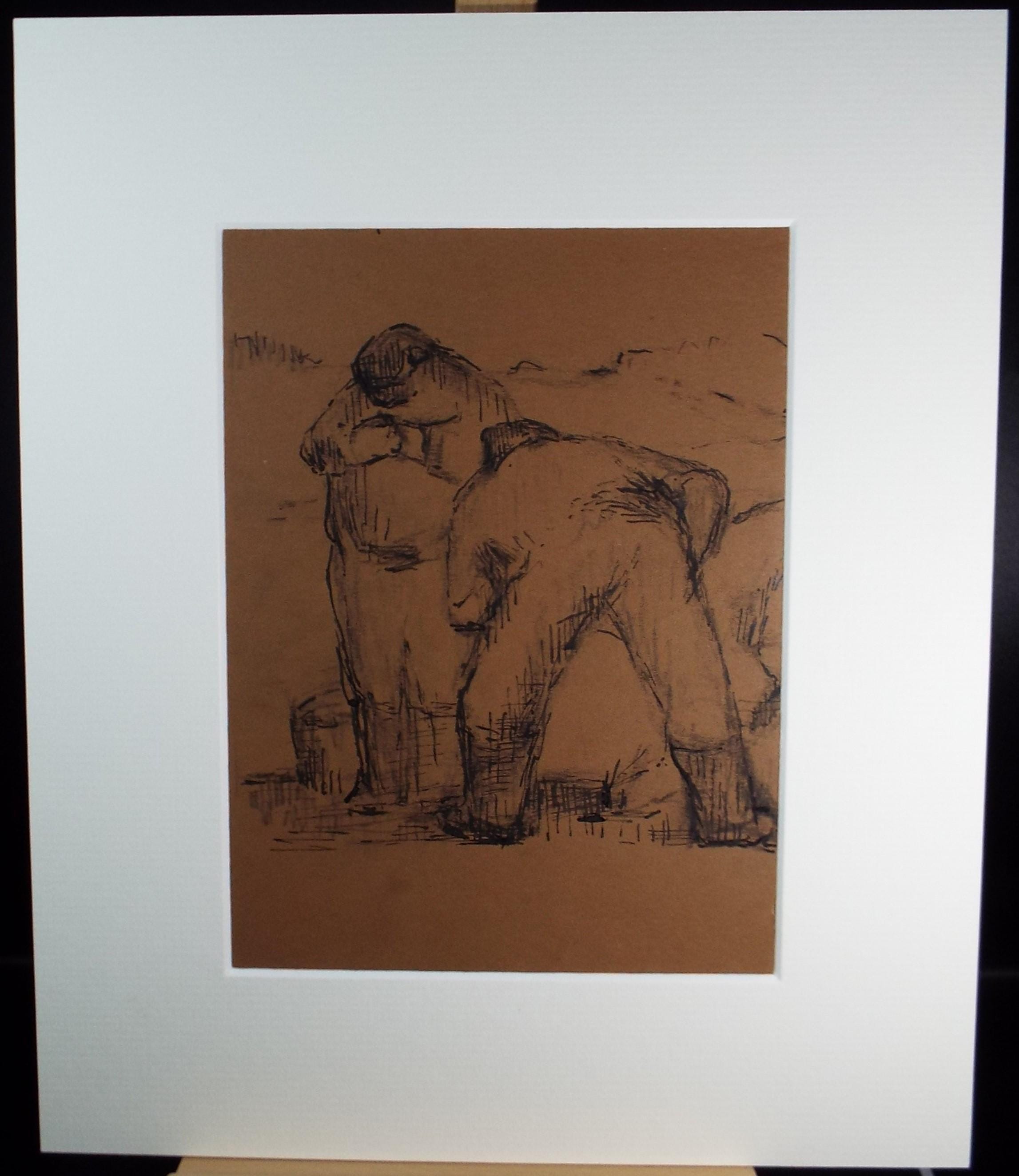 Original Pen & Ink, 'Two Farm workers', 1990's, Mariota Bosanquet 1923 -2022