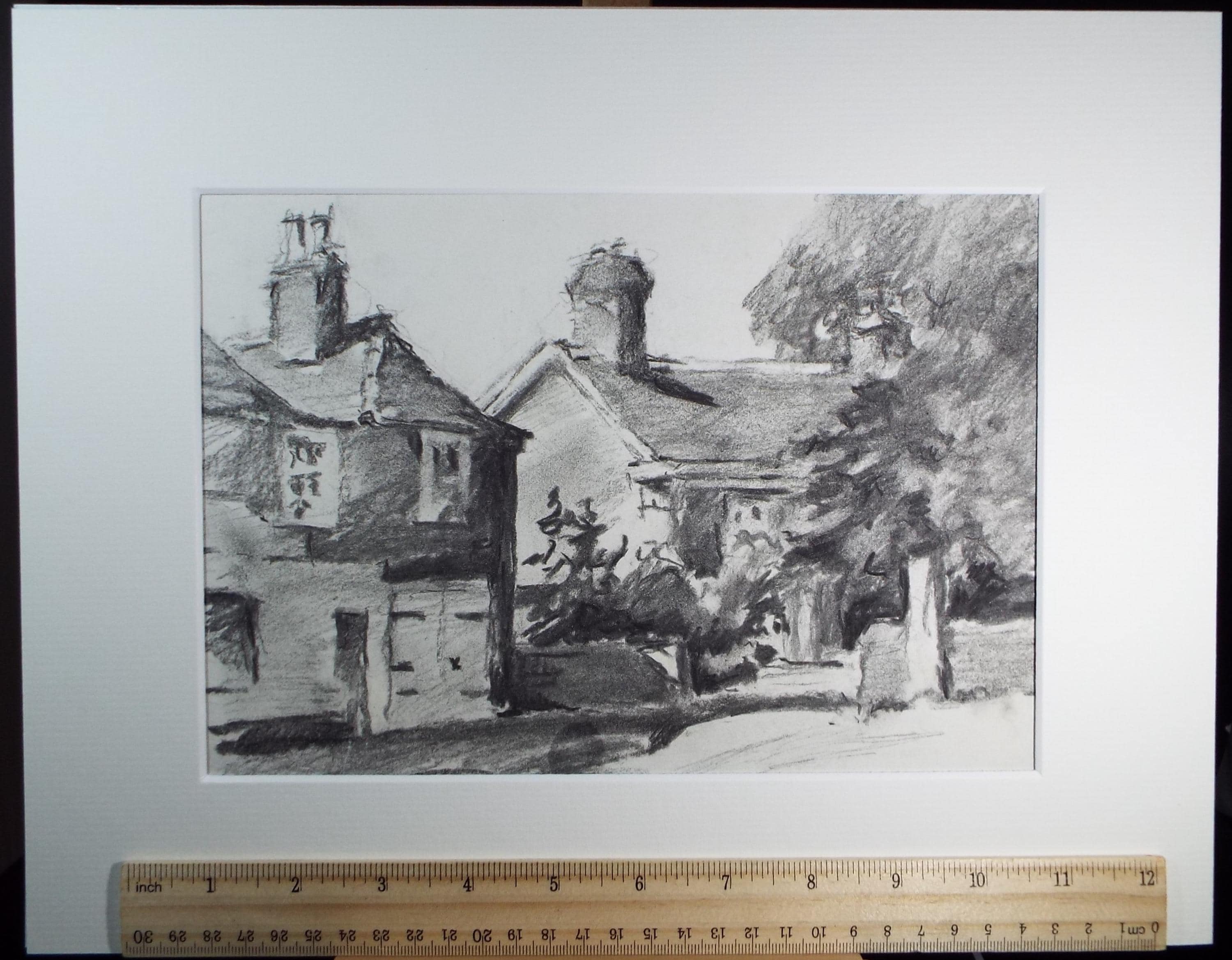 Original Charcoal drawing, 'Pinner High Street', dated 1973, R.A Andew-Jones