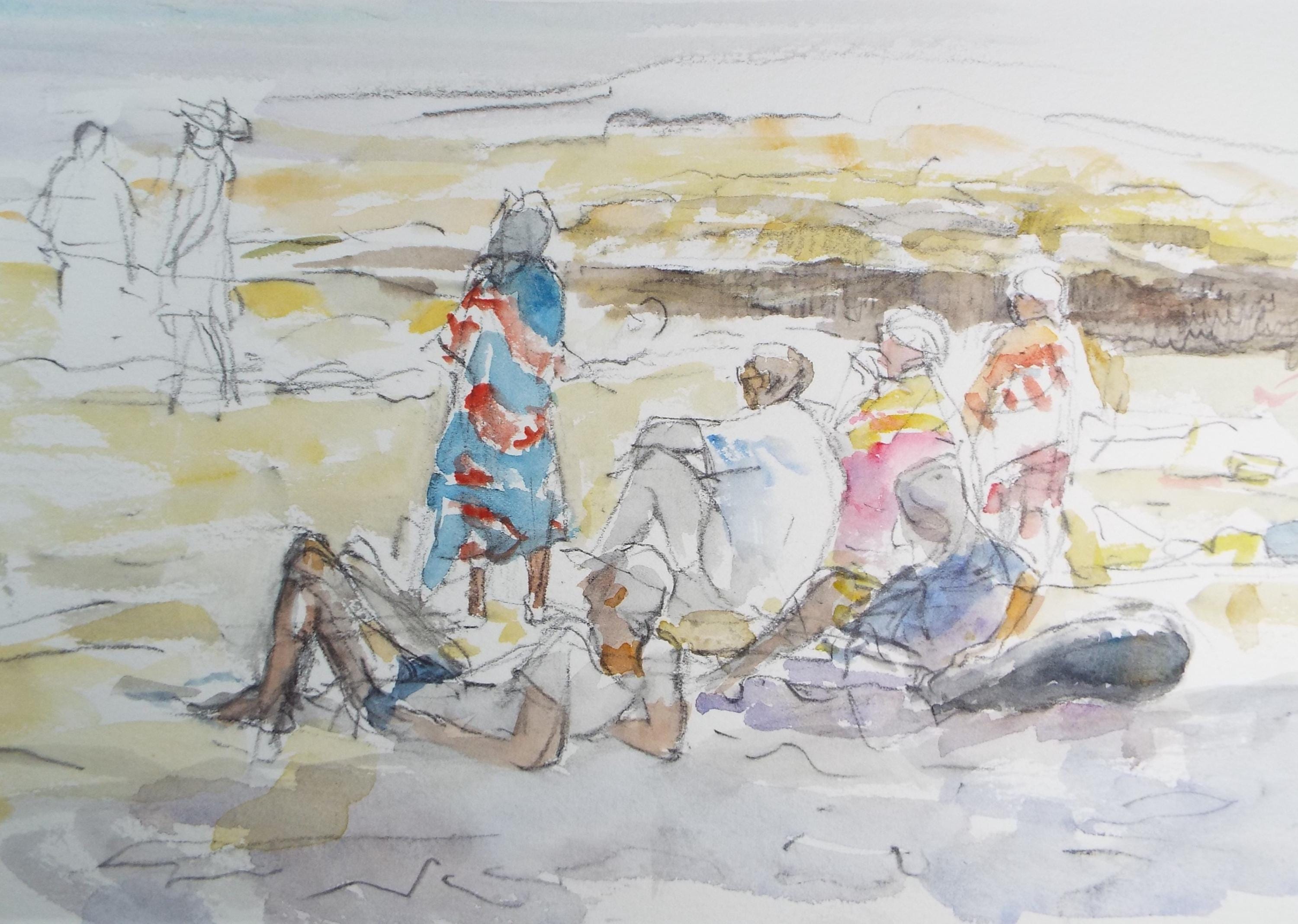 Original Watercolour,'Relaxing on the Beach', 1997, Michael Stone b1922