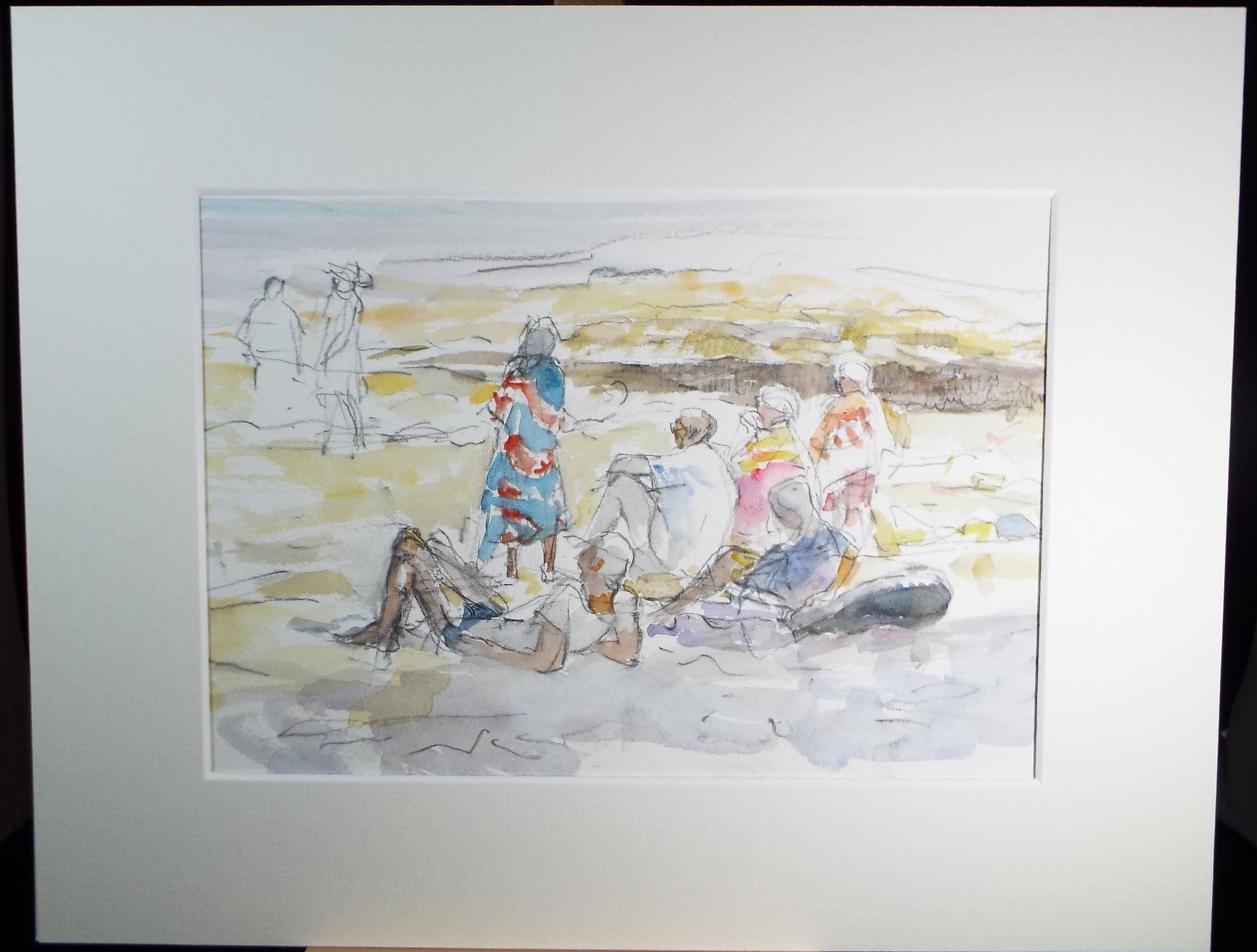 Original Watercolour,'Relaxing on the Beach', 1997, Michael Stone b1922