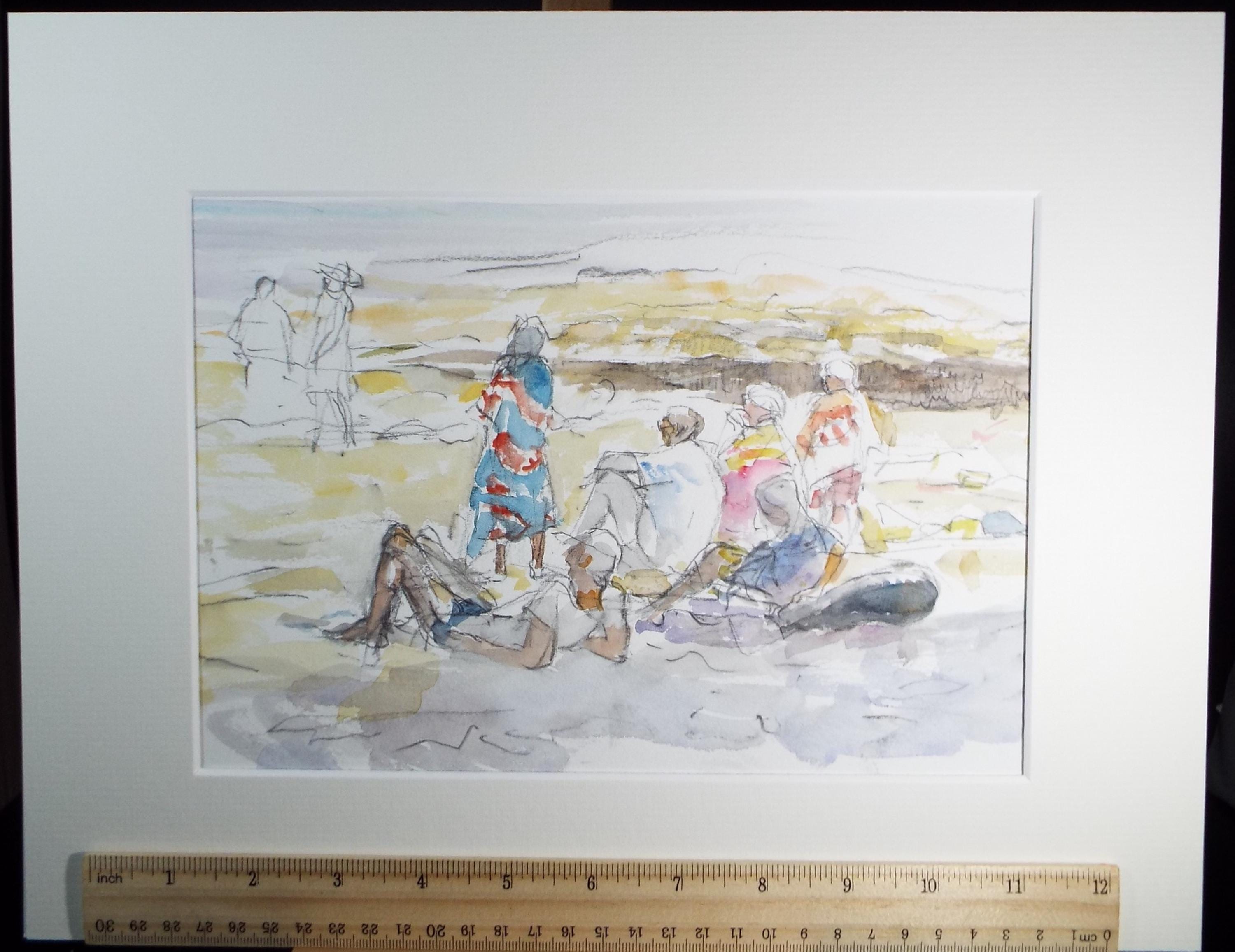Original Watercolour,'Relaxing on the Beach', 1997, Michael Stone b1922