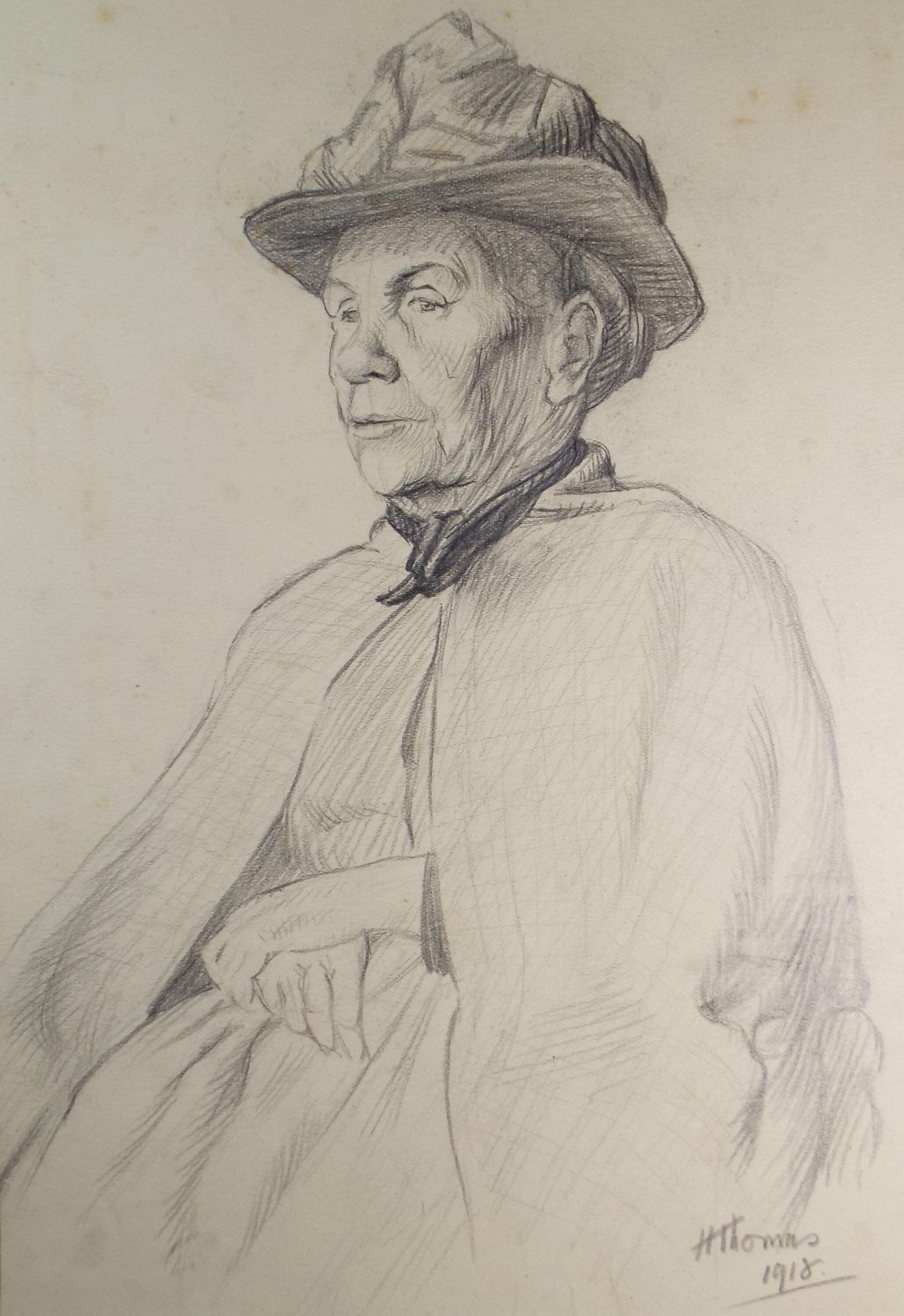 Original Pencil drawing, 'Woman in a Hat', Harry Thomas, Dated 1918