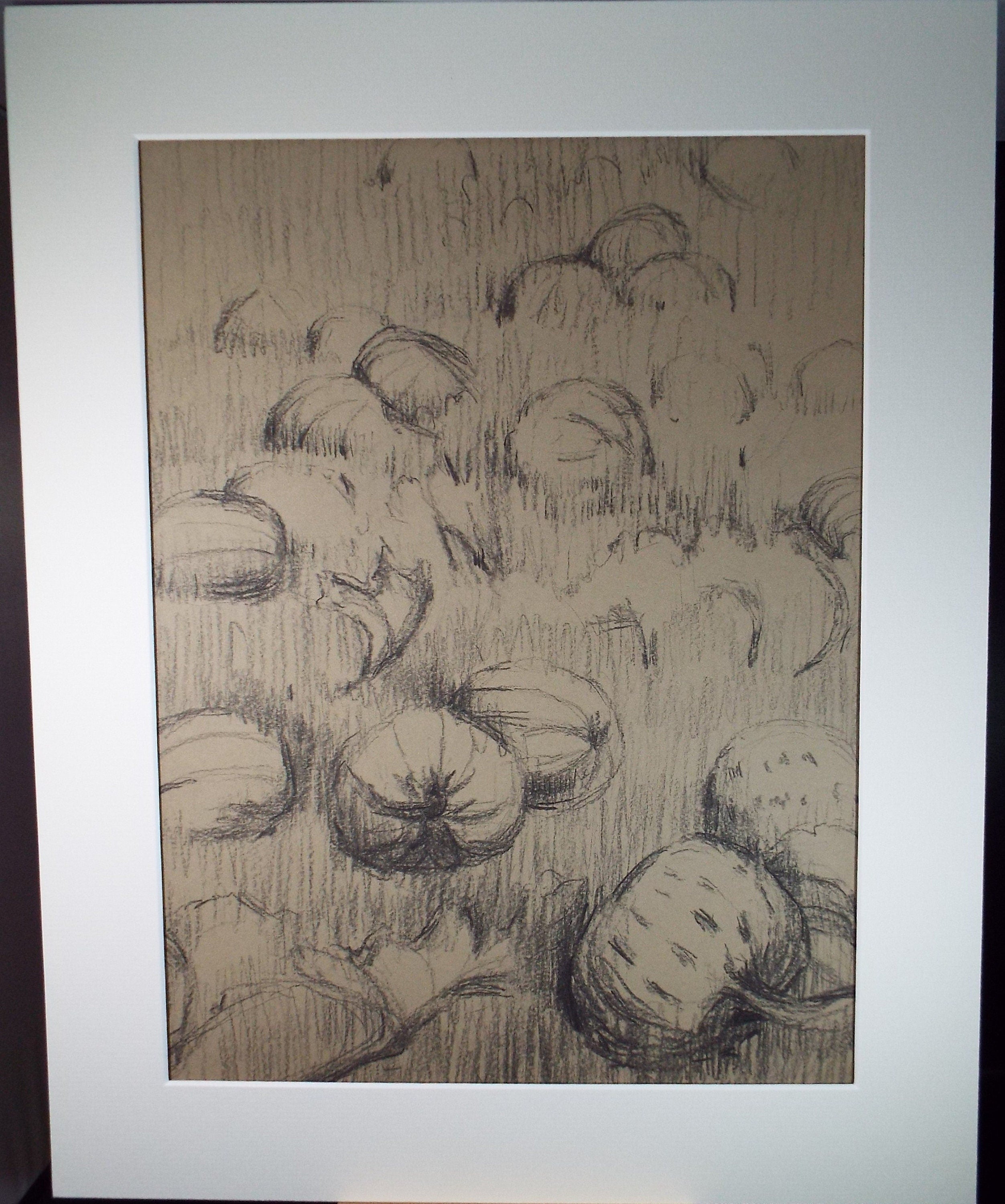 Original Conte Drawing 'The Pumpkin Patch', Circa 1970's, Artist unknown