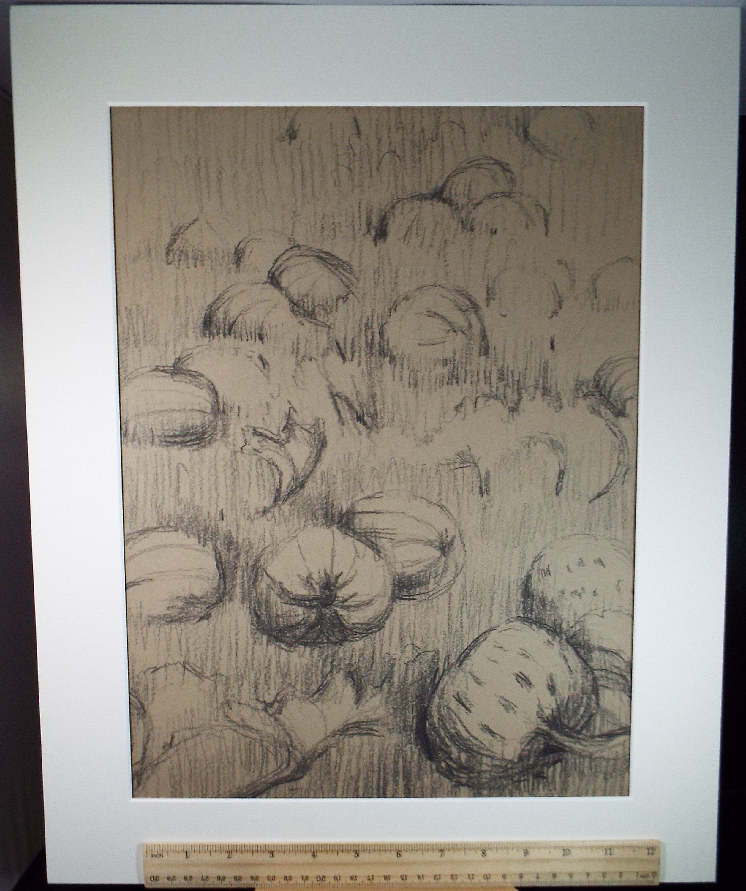 Original Conte Drawing 'The Pumpkin Patch', Circa 1970's, Artist unknown