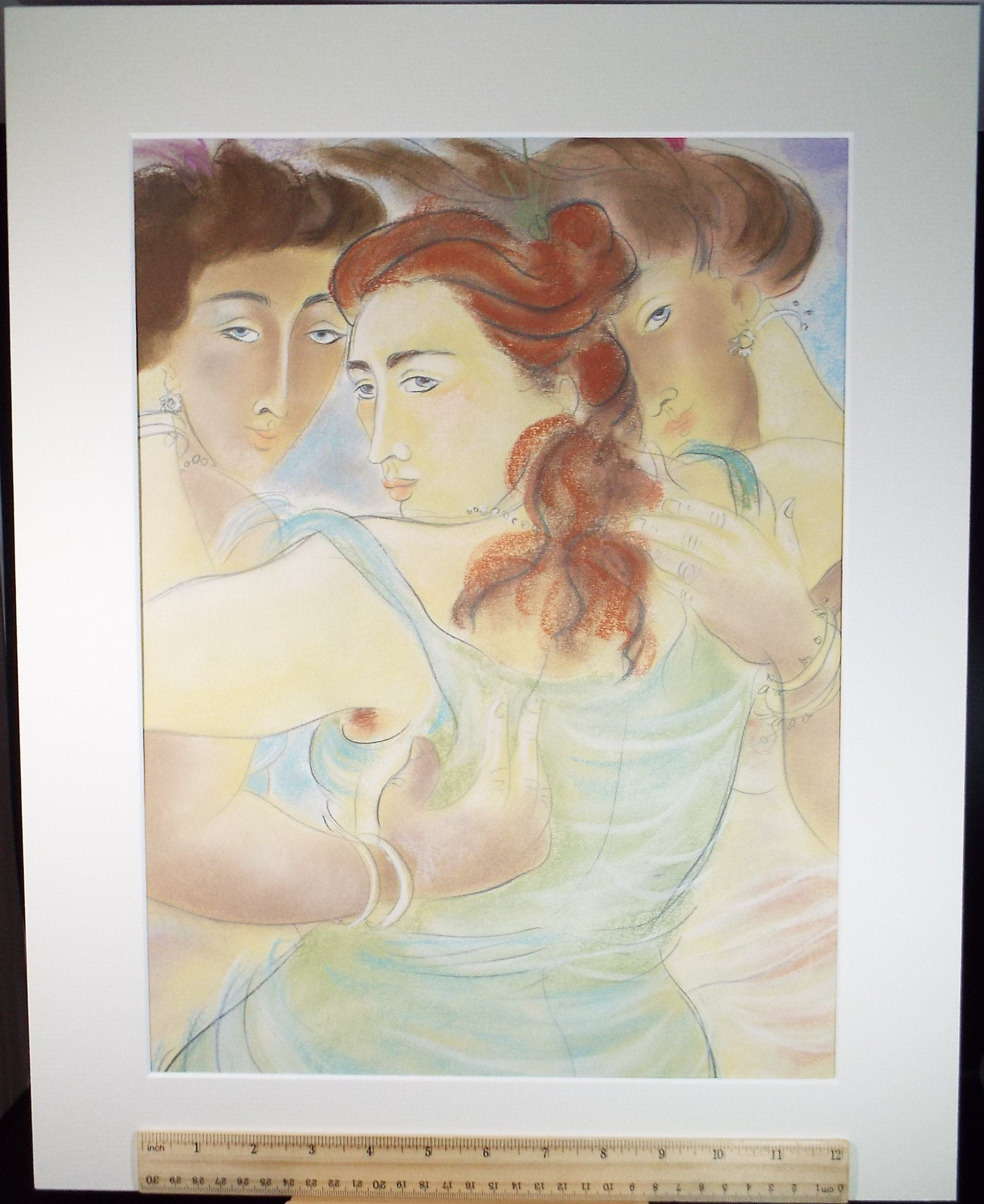 Original Pastel Drawing 'Three Beauties', Circa 1990's, Artist unknown