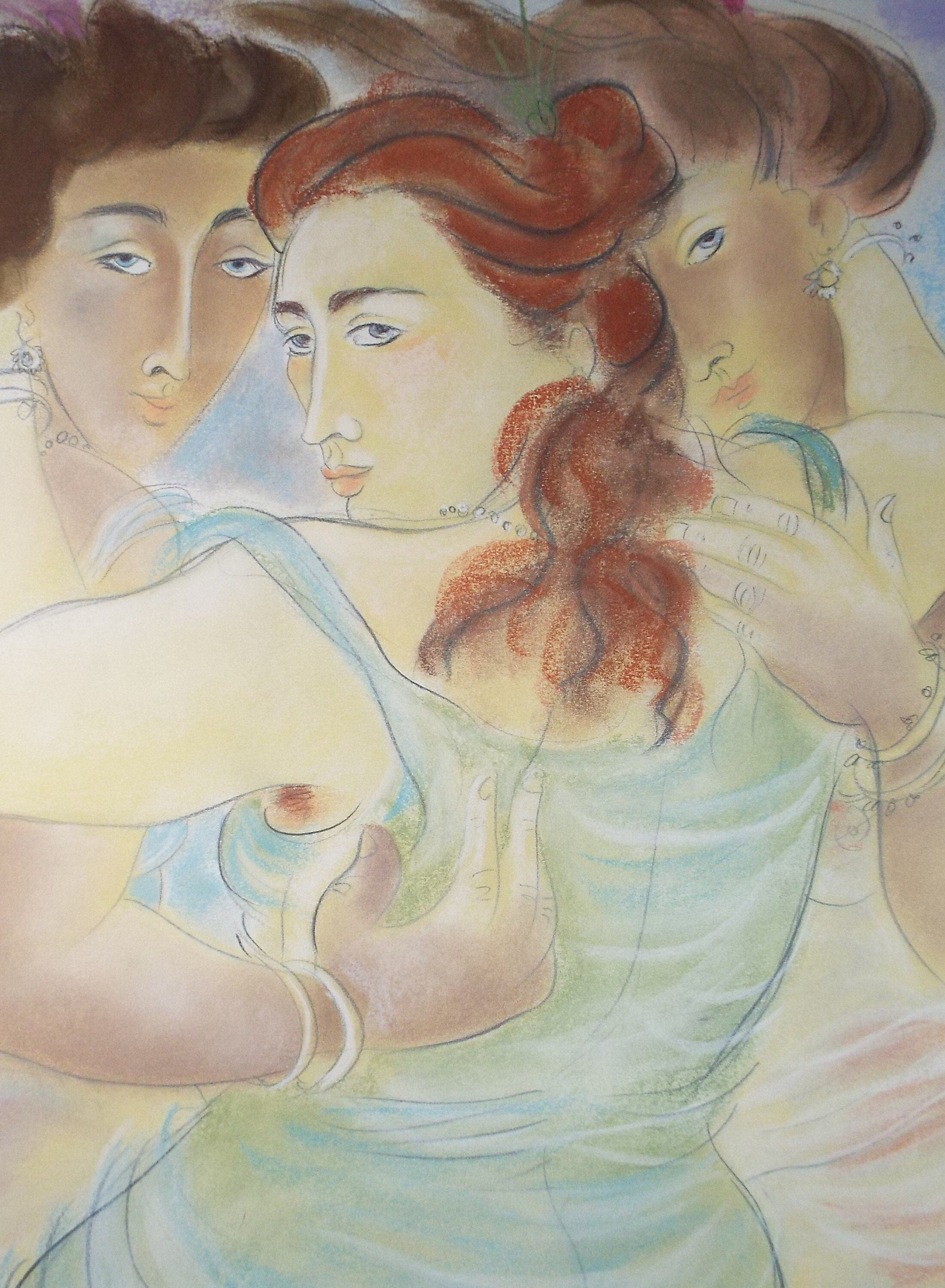 Original Pastel Drawing 'Three Beauties', Circa 1990's, Artist unknown