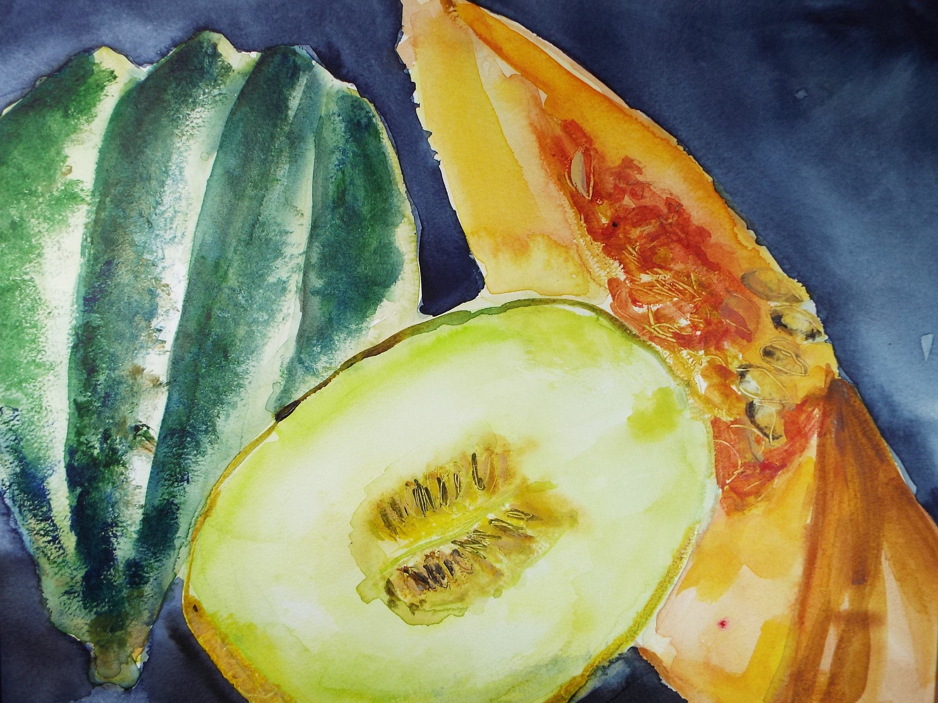 Original Watercolour Painting 'Squash & Melon Still Life', Artist unknown, circa 1990