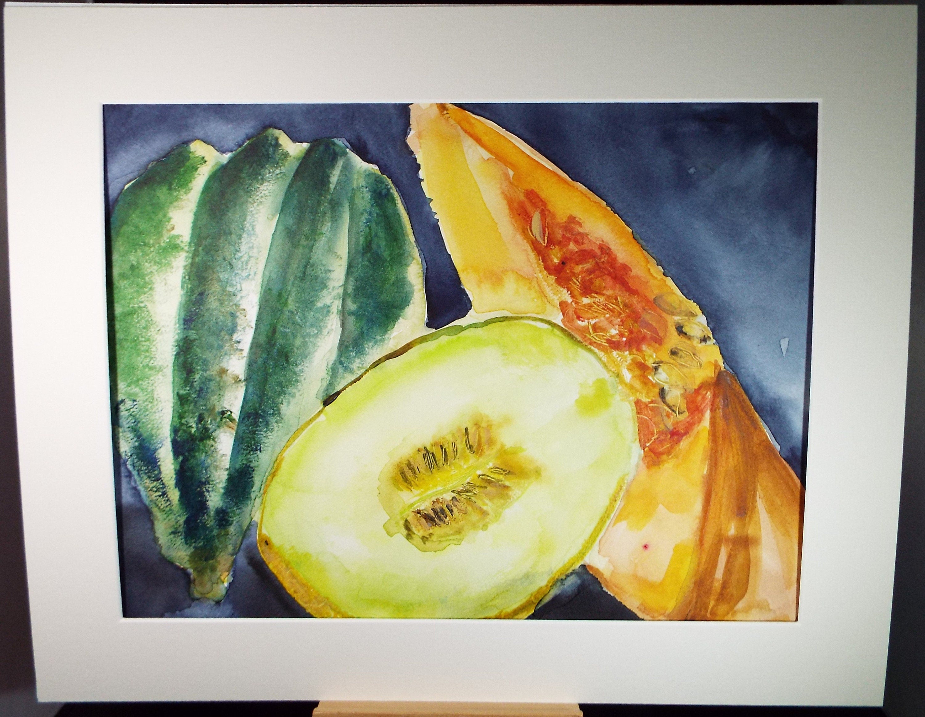 Original Watercolour Painting 'Squash & Melon Still Life', Artist unknown, circa 1990
