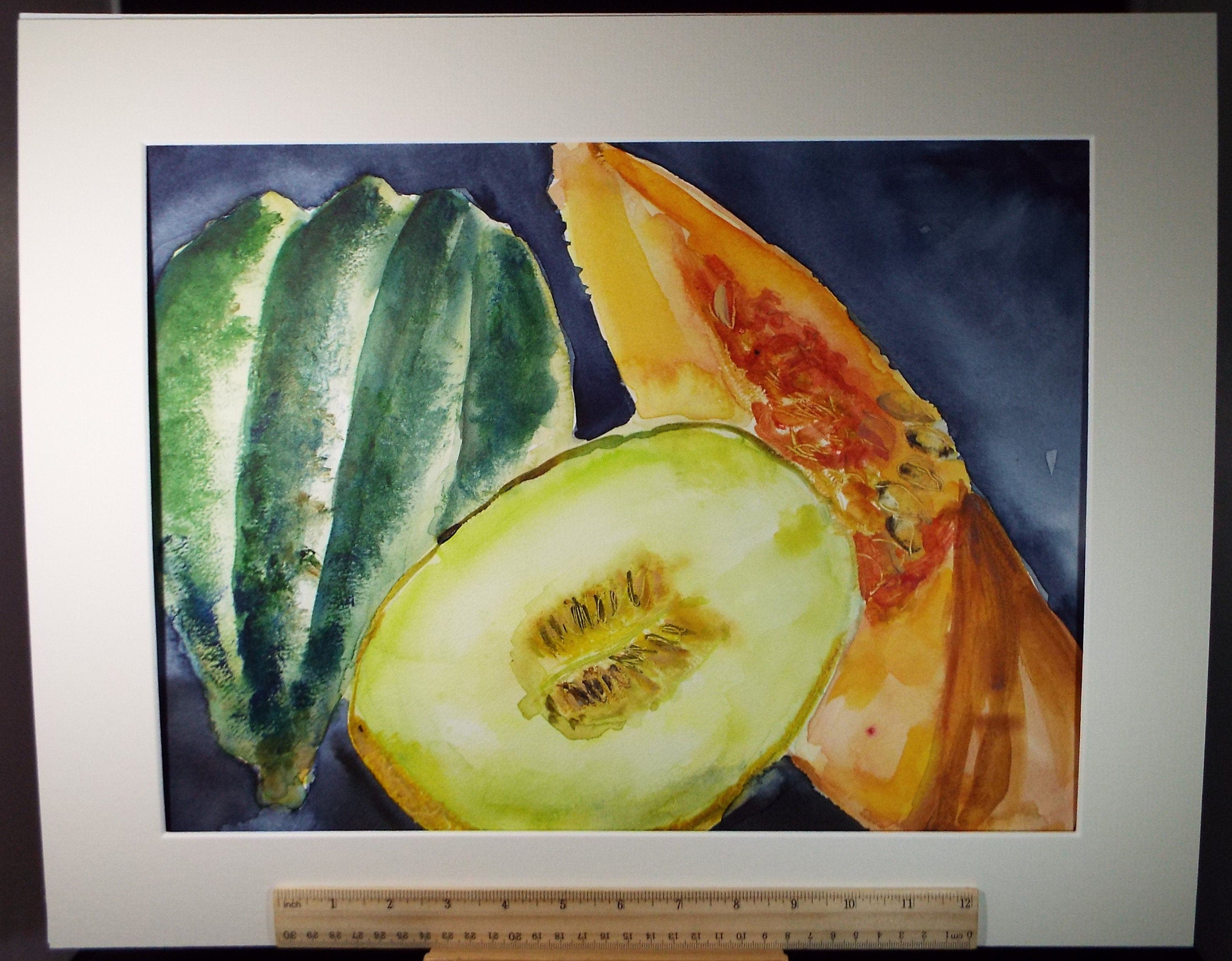 Original Watercolour Painting 'Squash & Melon Still Life', Artist unknown, circa 1990