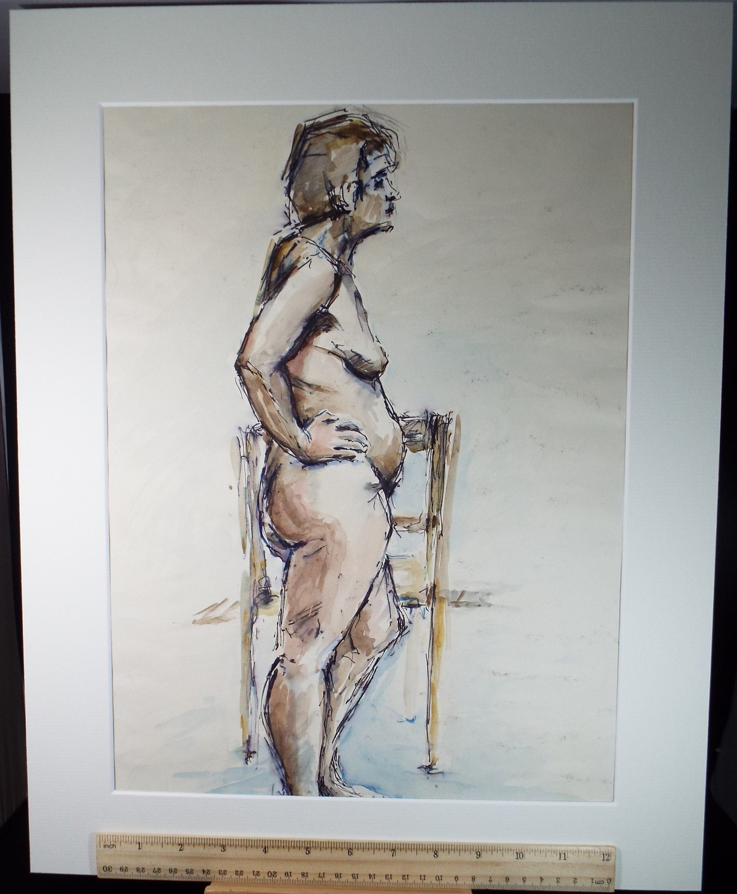 Original Watercolour & Ink, 'Standing Nude', Circa 1980's, Artist unknown