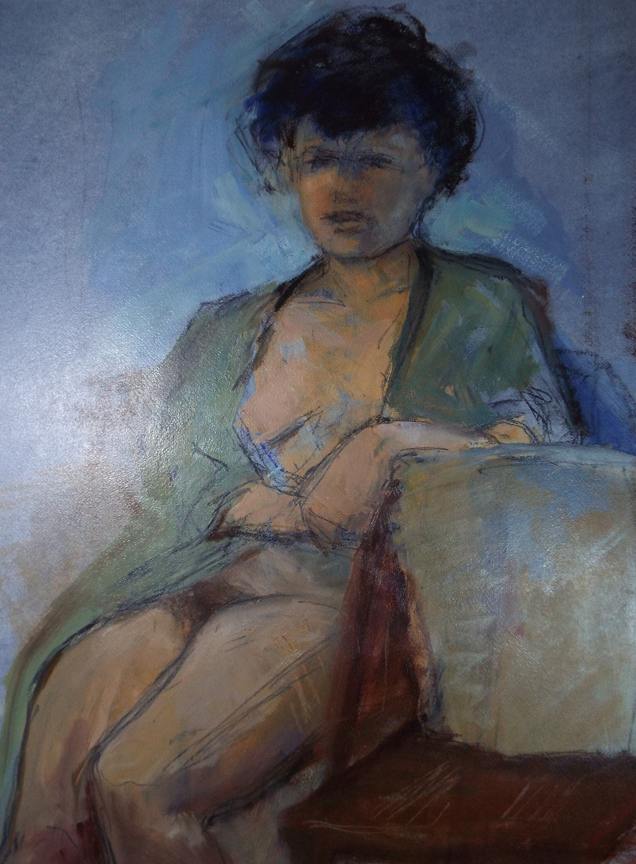 Original Oil & Acrylic 'Figure with green shawl', Circa 1980's, Artist unknown