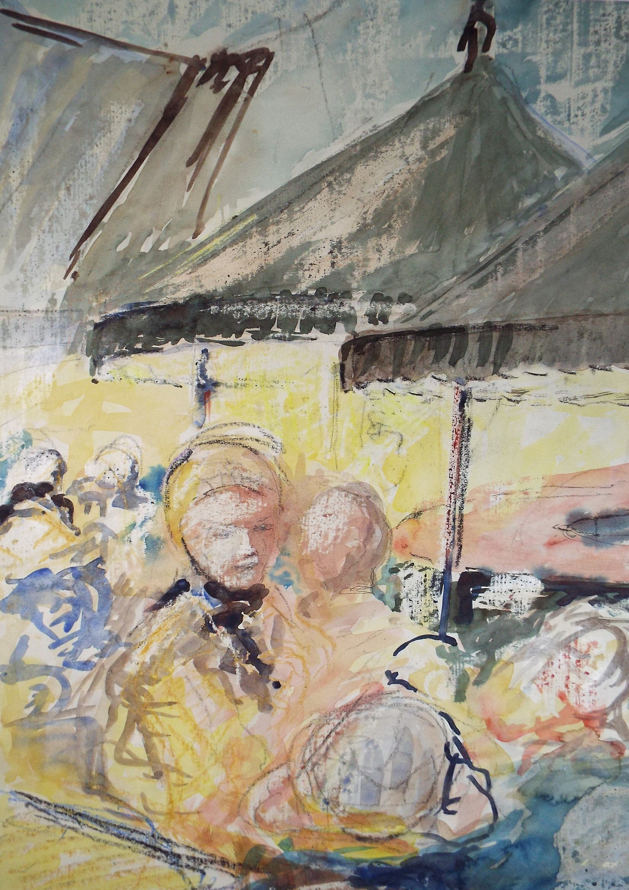 Original Watercolour Painting, 'Figures at the Fair', c1970's, Artist Unknown