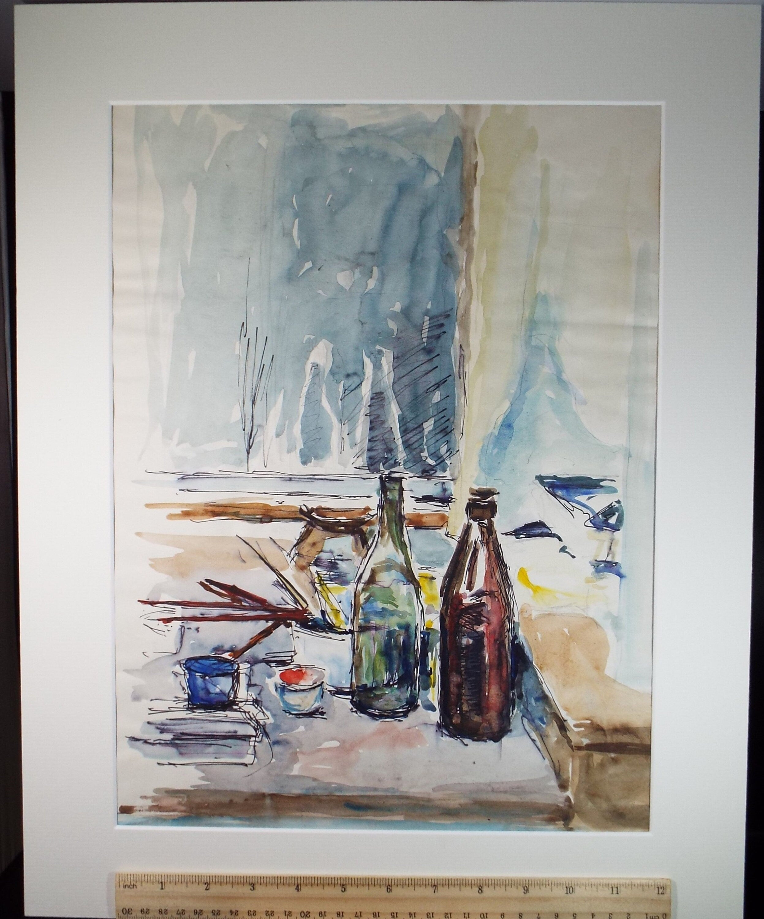 Original Watercolour & Ink , 'Still life of bottles', c1980's, Artist Unknown
