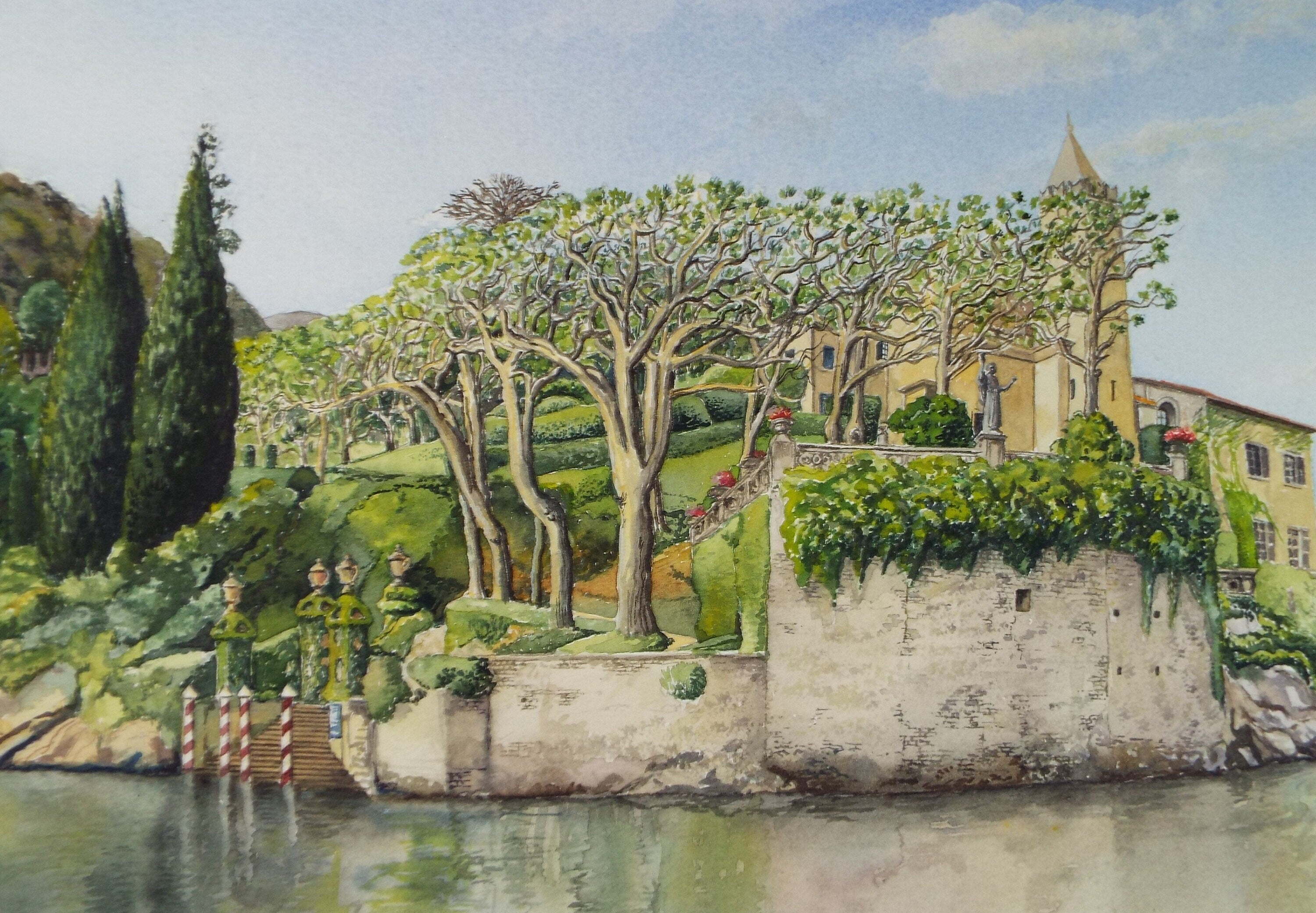 Original Watercolour, 'Villa on a Lake', Falconer Houston, Dated 2000