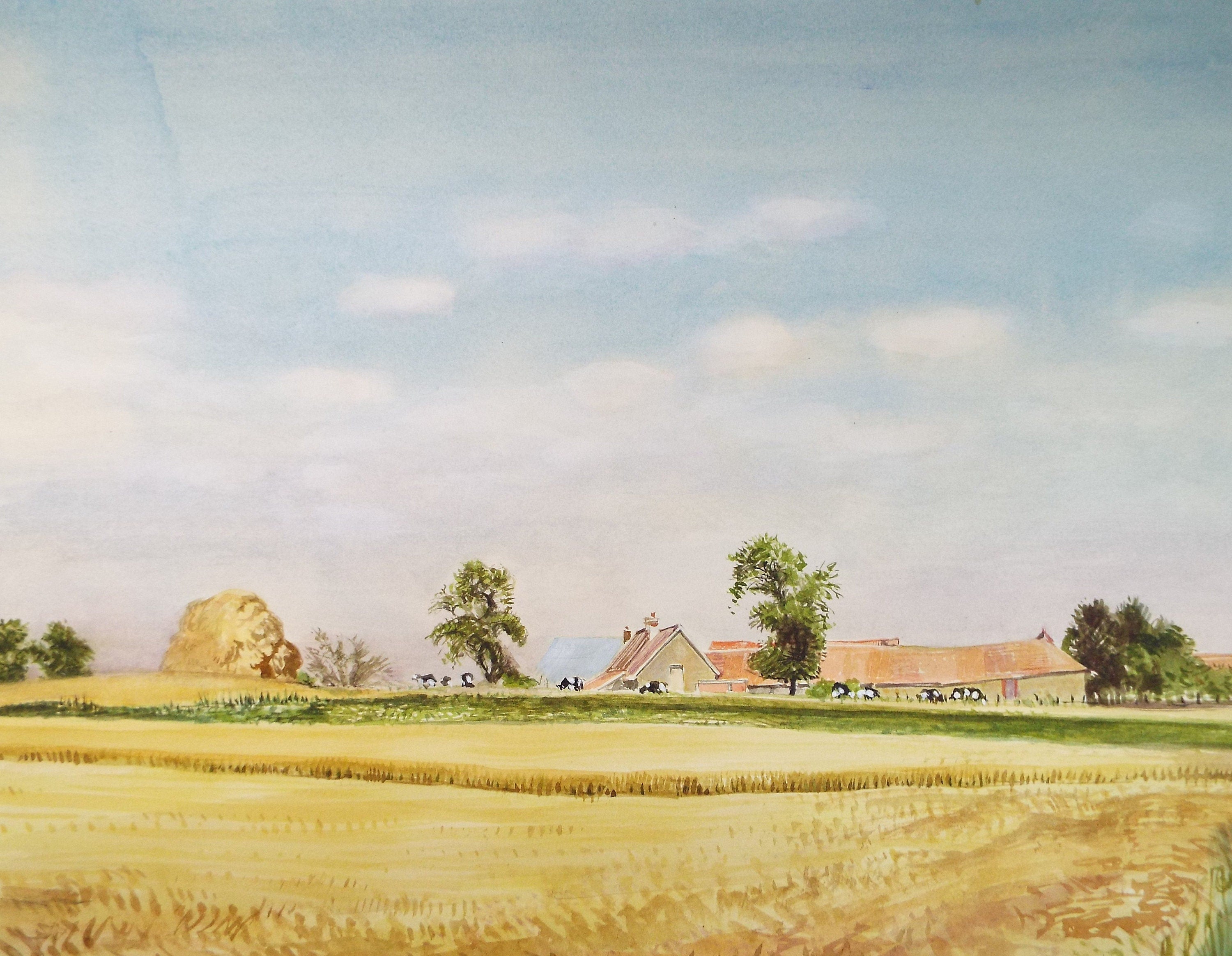 Original Watercolour on Paper, 'Cornfields & Cattle', David Hill (1914-1977)