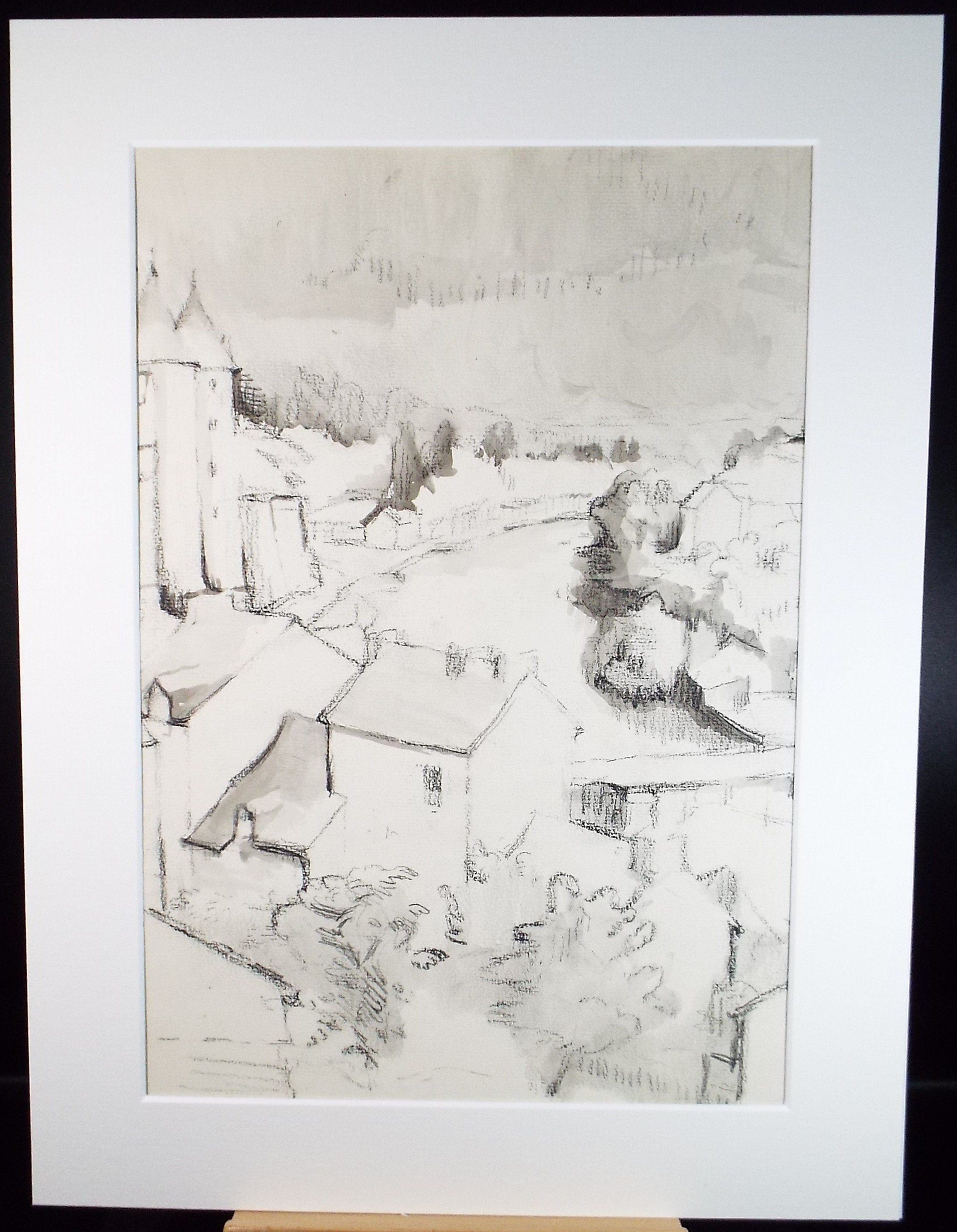 Original Conte & wash, 'Town and castle', Circa 1980, Mariota Bosanquet 1923 -2022