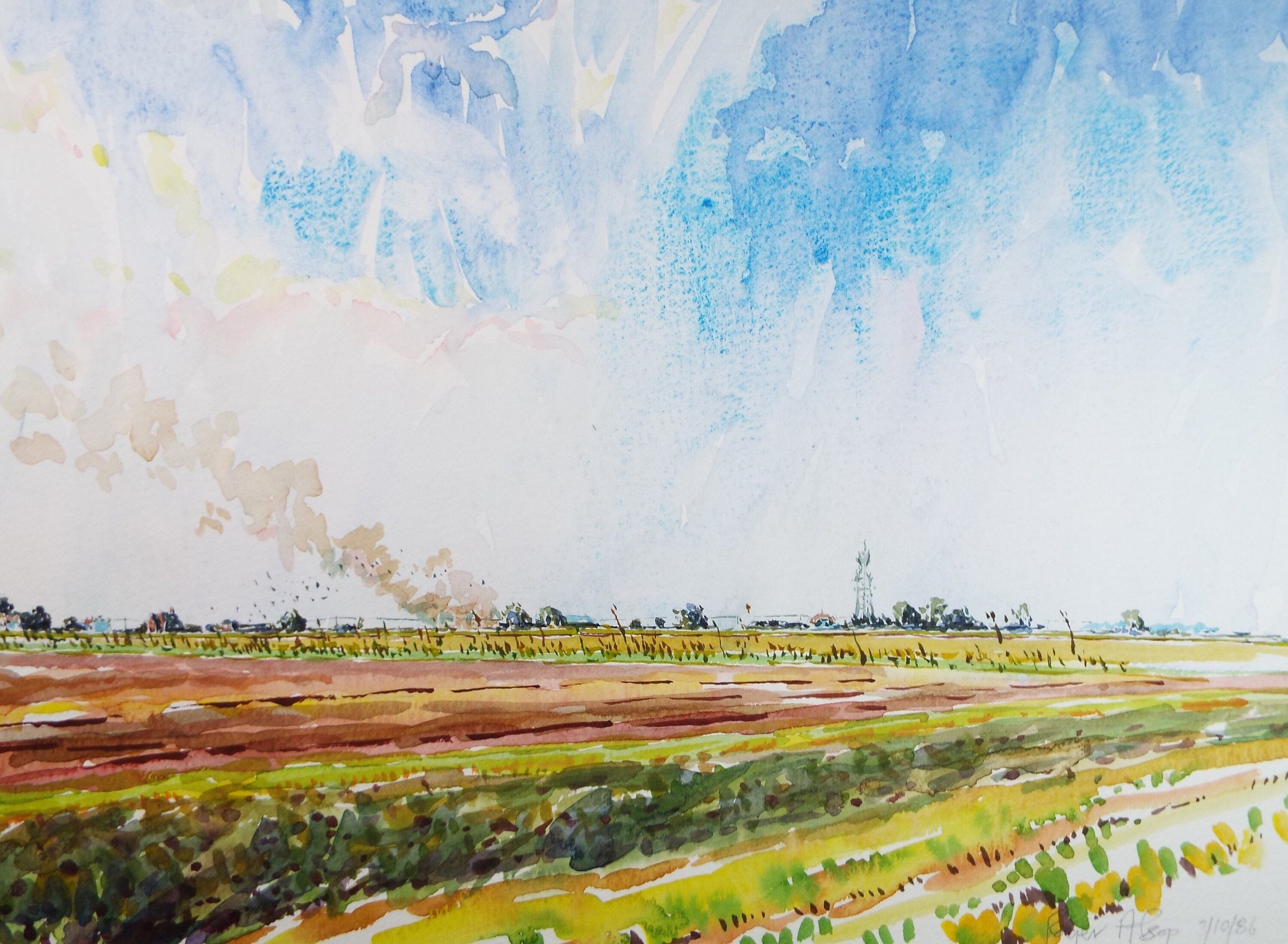 Original Watercolour,'Ploughed Field', Roger Alsop, dated 1986