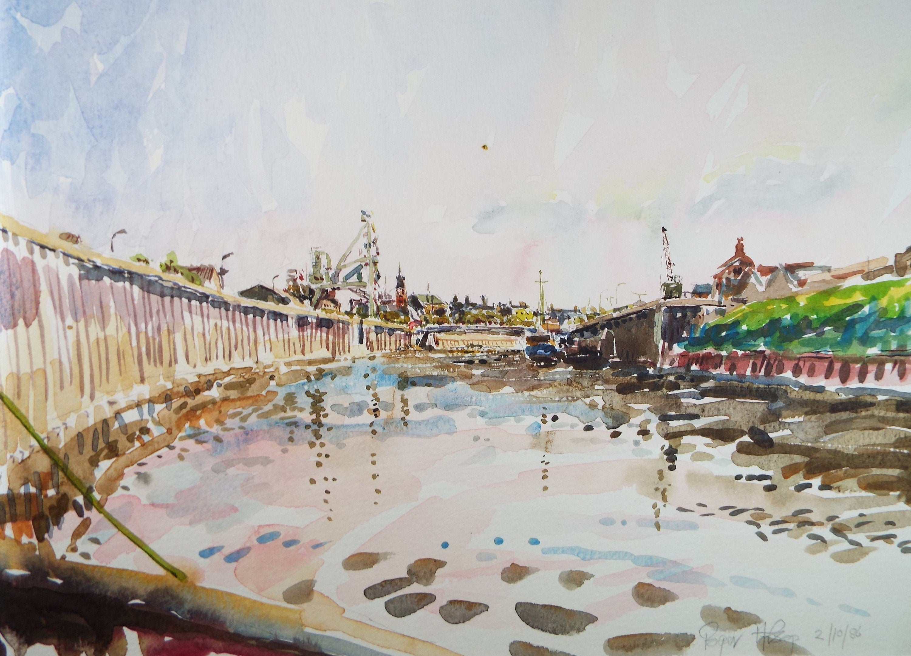 Original Watercolour,'River through the town', Roger Alsop, dated 1986