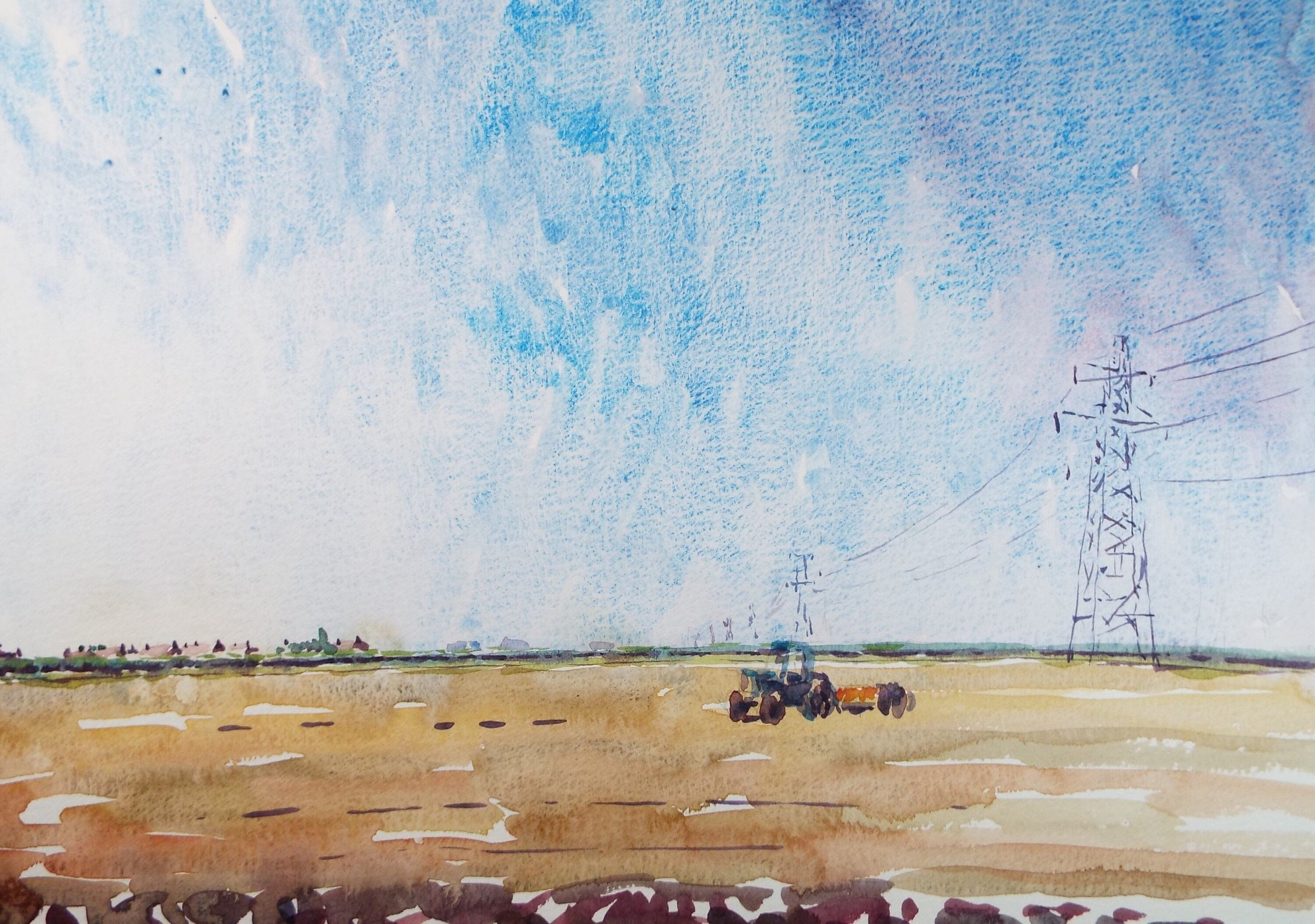 Original Watercolour,'Tractor & Ploughed Field', Roger Alsop, dated 1986